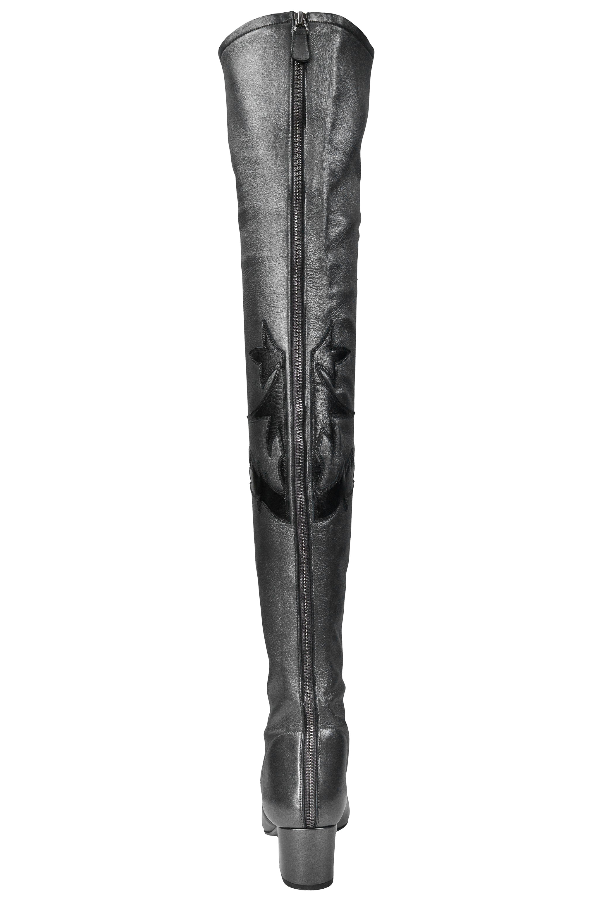 CHANEL PARIS-DALLAS METALLIC LEATHER THIGH HIGH BOOTS WITH BLACK EMBLEMS & ZIPPERS 2014