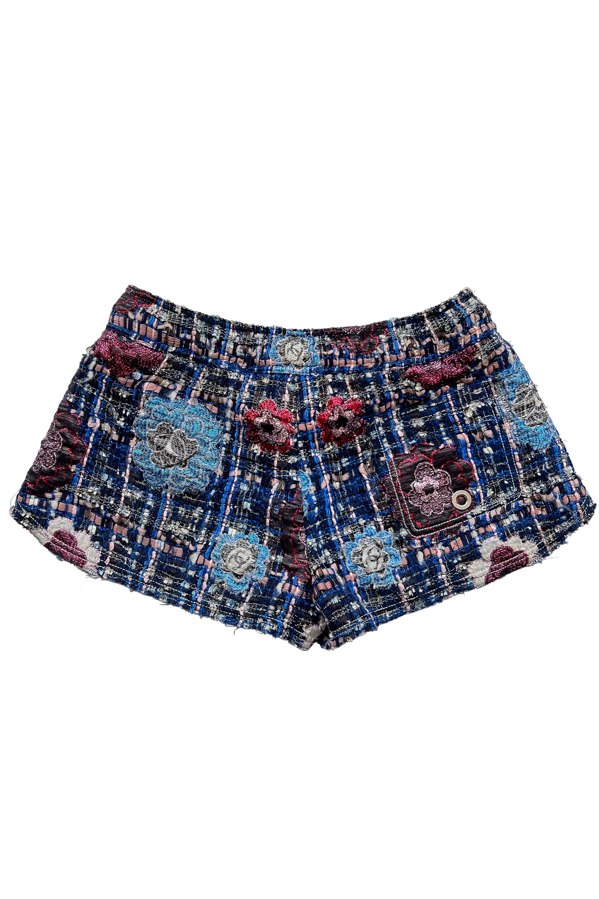 CHANEL PINK & BLUE RIBBON AND METALLIC BOUCLE SHORTS WITH CAMELLIA FLOWERS 2008