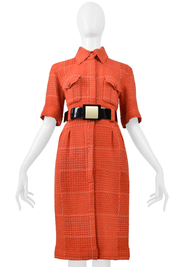 CHANEL BY KARL LAGERFELD RED TWEED DAY DRESS WITH FANCY BELT 2007