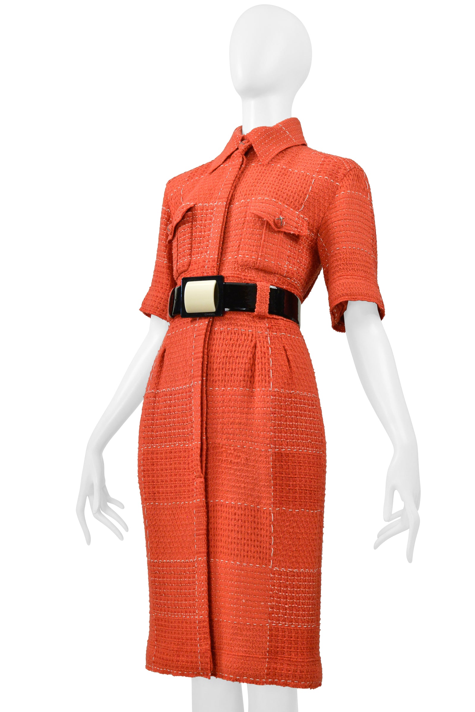 CHANEL BY KARL LAGERFELD RED TWEED DAY DRESS WITH FANCY BELT