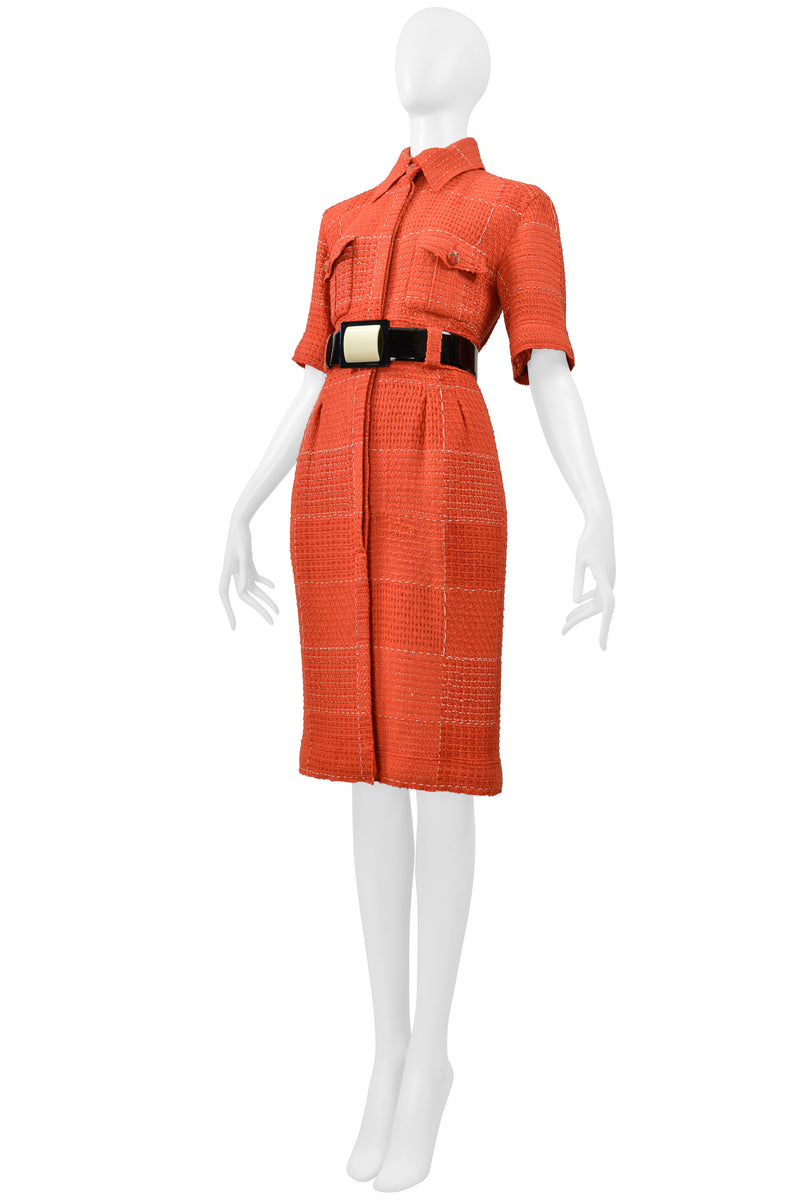 CHANEL BY KARL LAGERFELD RED TWEED DAY DRESS WITH FANCY BELT 2007