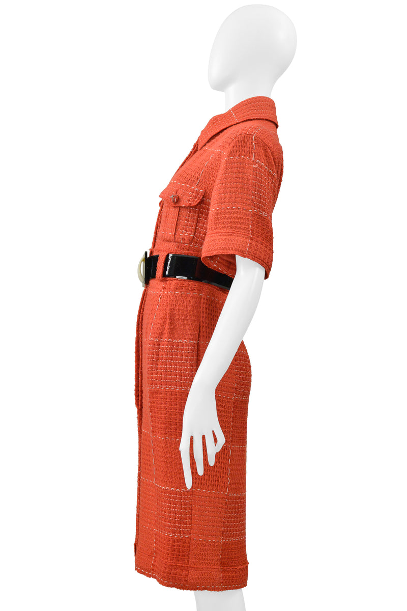 CHANEL BY KARL LAGERFELD RED TWEED DAY DRESS WITH FANCY BELT 2007