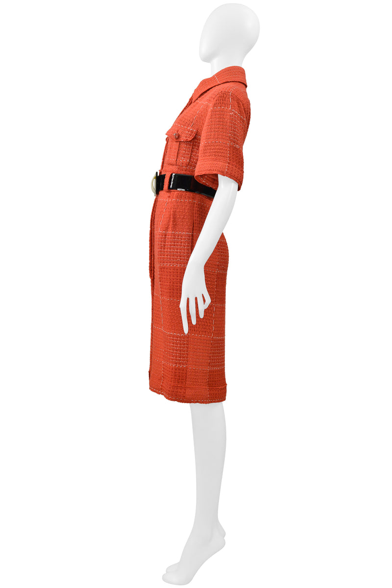 CHANEL BY KARL LAGERFELD RED TWEED DAY DRESS WITH FANCY BELT 2007