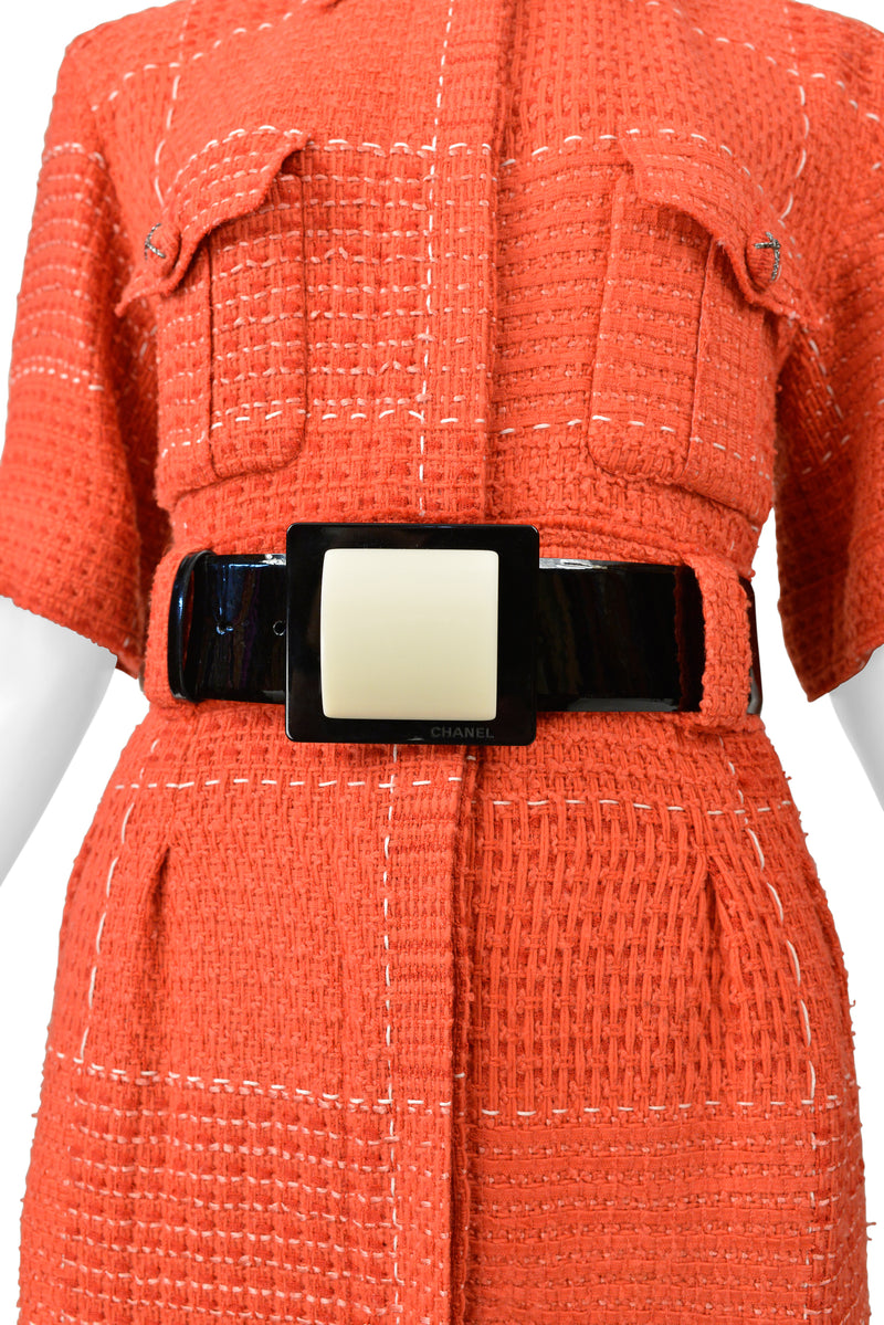 CHANEL BY KARL LAGERFELD RED TWEED DAY DRESS WITH FANCY BELT 2007