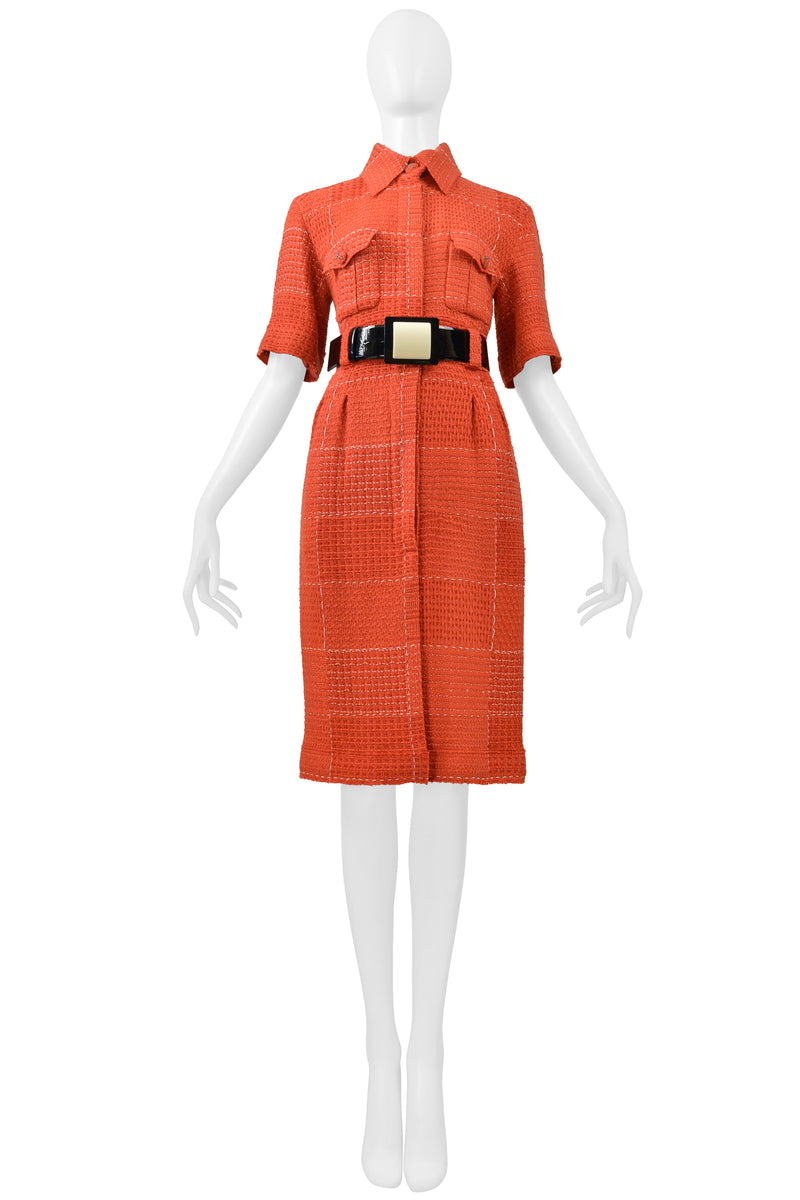 CHANEL BY KARL LAGERFELD RED TWEED DAY DRESS WITH FANCY BELT 2007