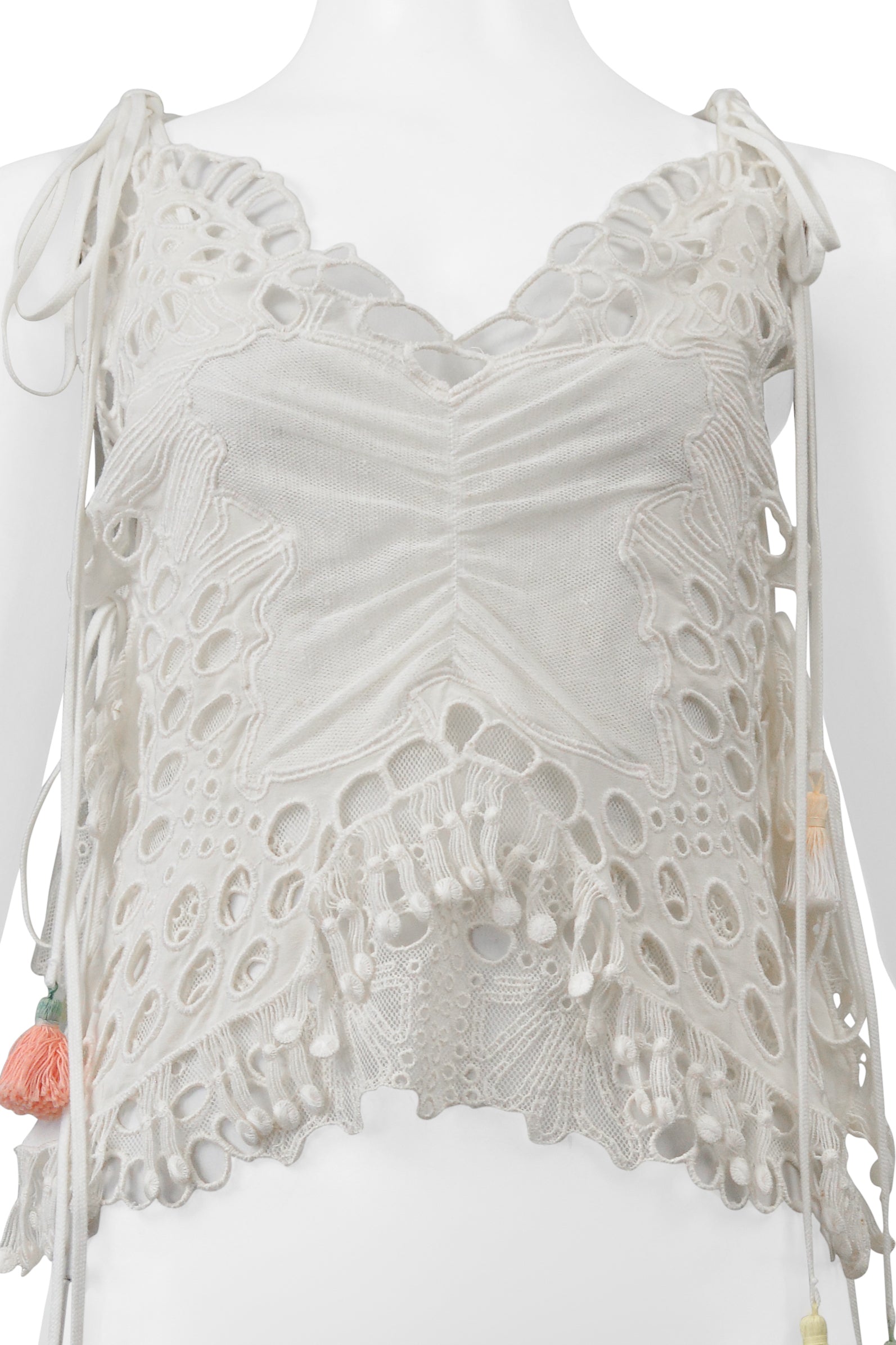 CHLOE WHITE LACE TOP WITH MULTICOLOR TASSELS 2016