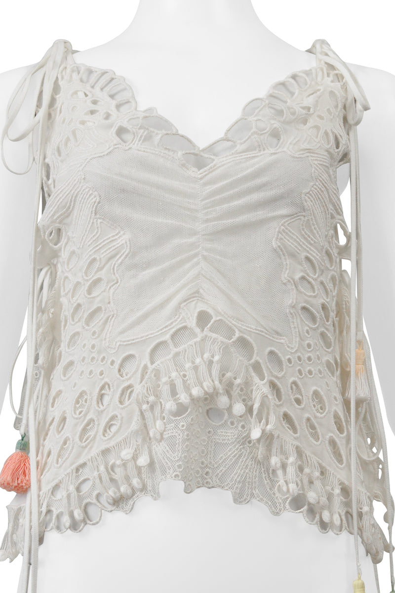 CHLOE WHITE LACE TOP WITH MULTICOLOR TASSELS 2016
