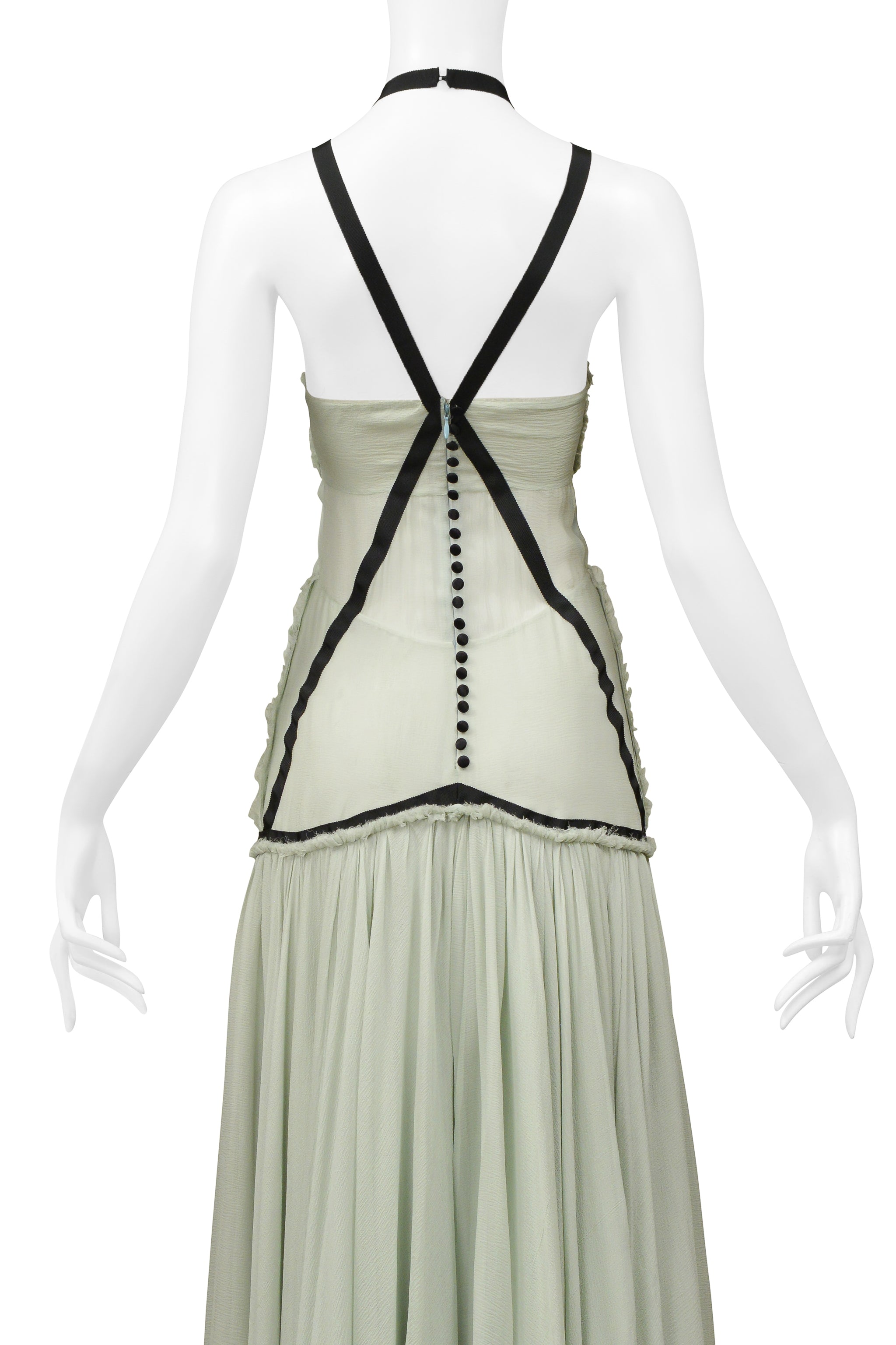 CHOLE BY PHOEBE PHILO CELADON CHIFFON DRESS WITH BLACK RIBBON TRIM 2004