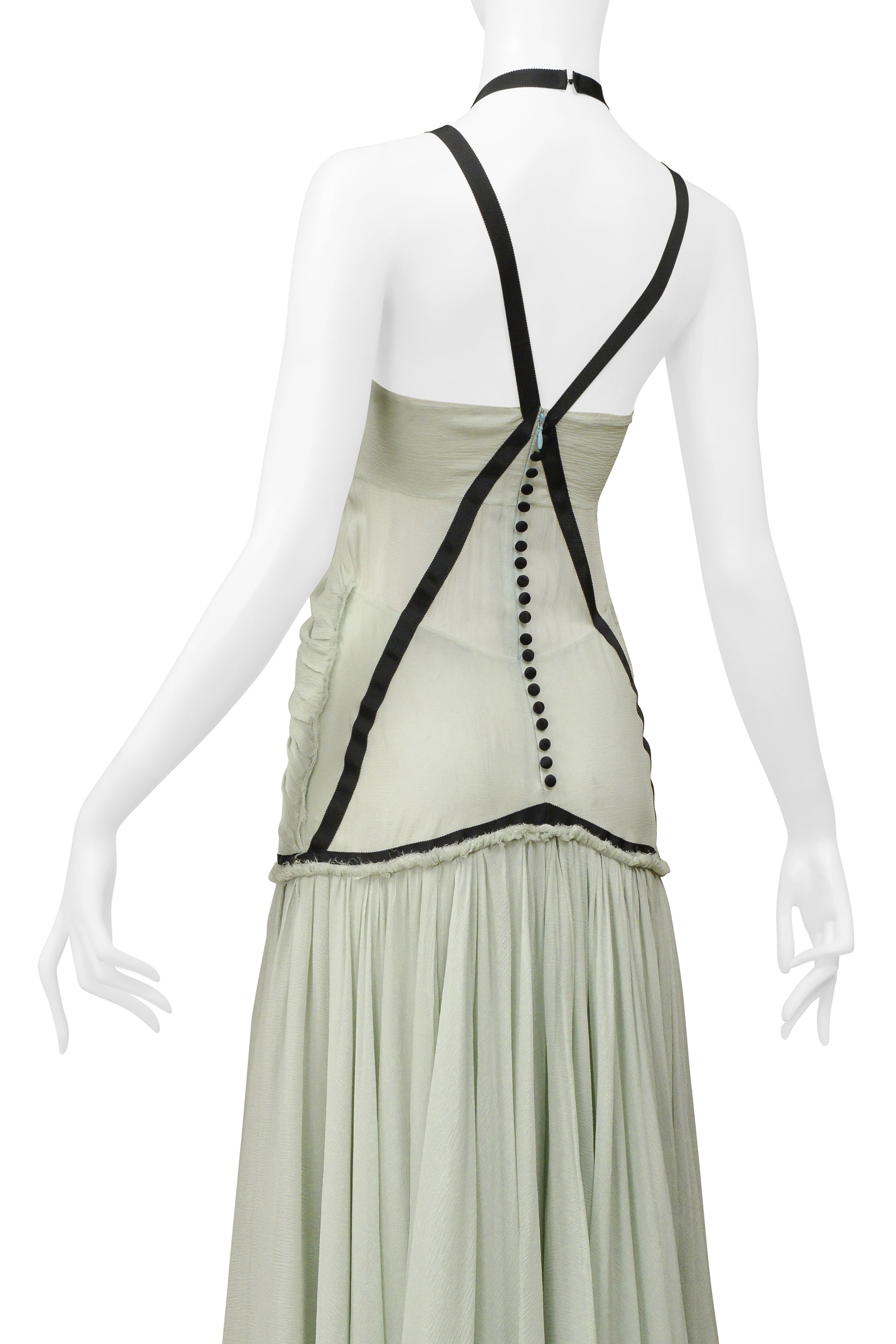 CHOLE BY PHOEBE PHILO CELADON CHIFFON DRESS WITH BLACK RIBBON TRIM 2004