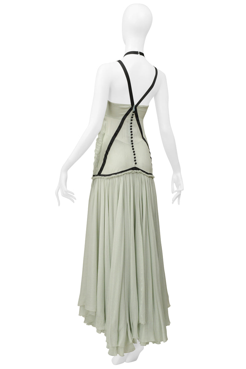 CHOLE BY PHOEBE PHILO CELADON CHIFFON DRESS WITH BLACK RIBBON TRIM 2004