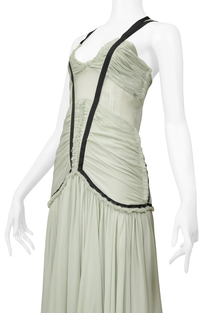 CHOLE BY PHOEBE PHILO CELADON CHIFFON DRESS WITH BLACK RIBBON TRIM 2004