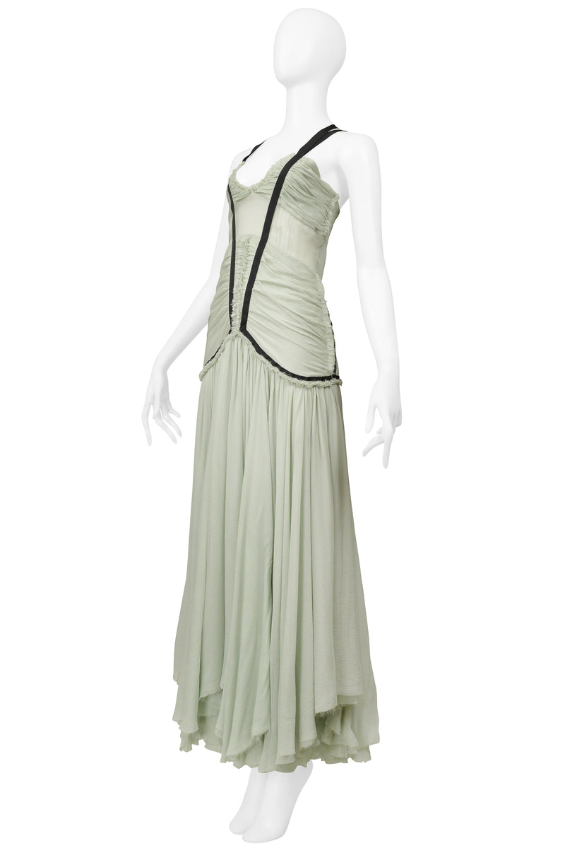 CHOLE BY PHOEBE PHILO CELADON CHIFFON DRESS WITH BLACK RIBBON TRIM 2004