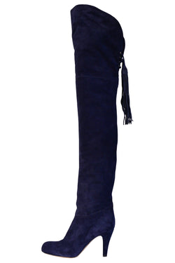 CHLOE NAVY SUEDE THIGH HIGH BOOTS WITH FRINGE TASSELS