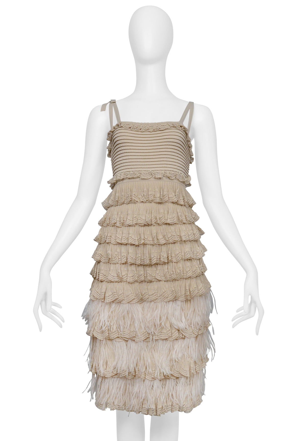 CHRISTIAN DIOR BY JOHN GALLIANO TAN DRESS WITH WHITE FEATHERS 2011