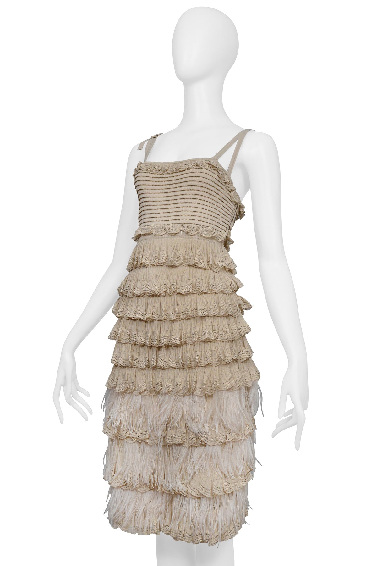 CHRISTIAN DIOR BY JOHN GALLIANO TAN DRESS WITH WHITE FEATHERS 2011