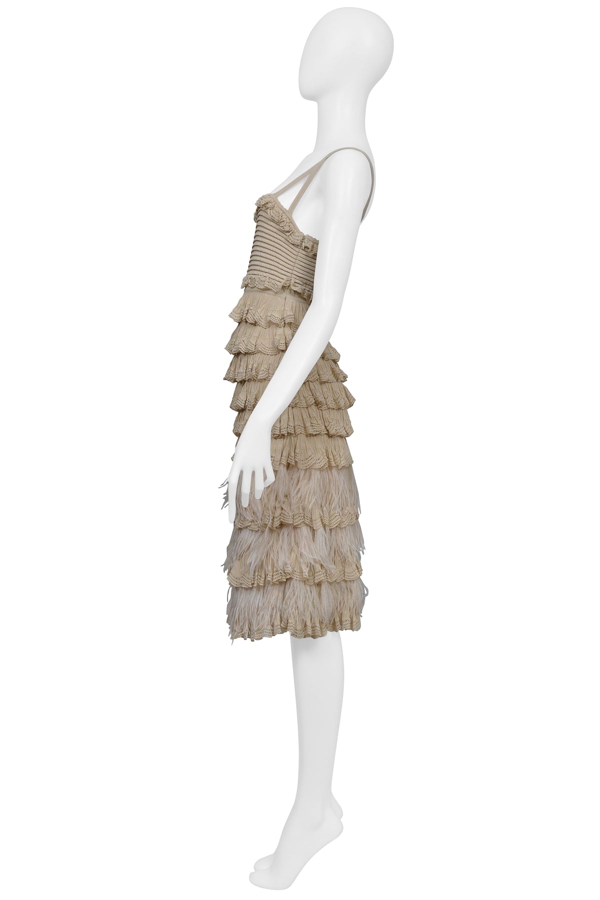 CHRISTIAN DIOR BY JOHN GALLIANO TAN DRESS WITH WHITE FEATHERS 2011