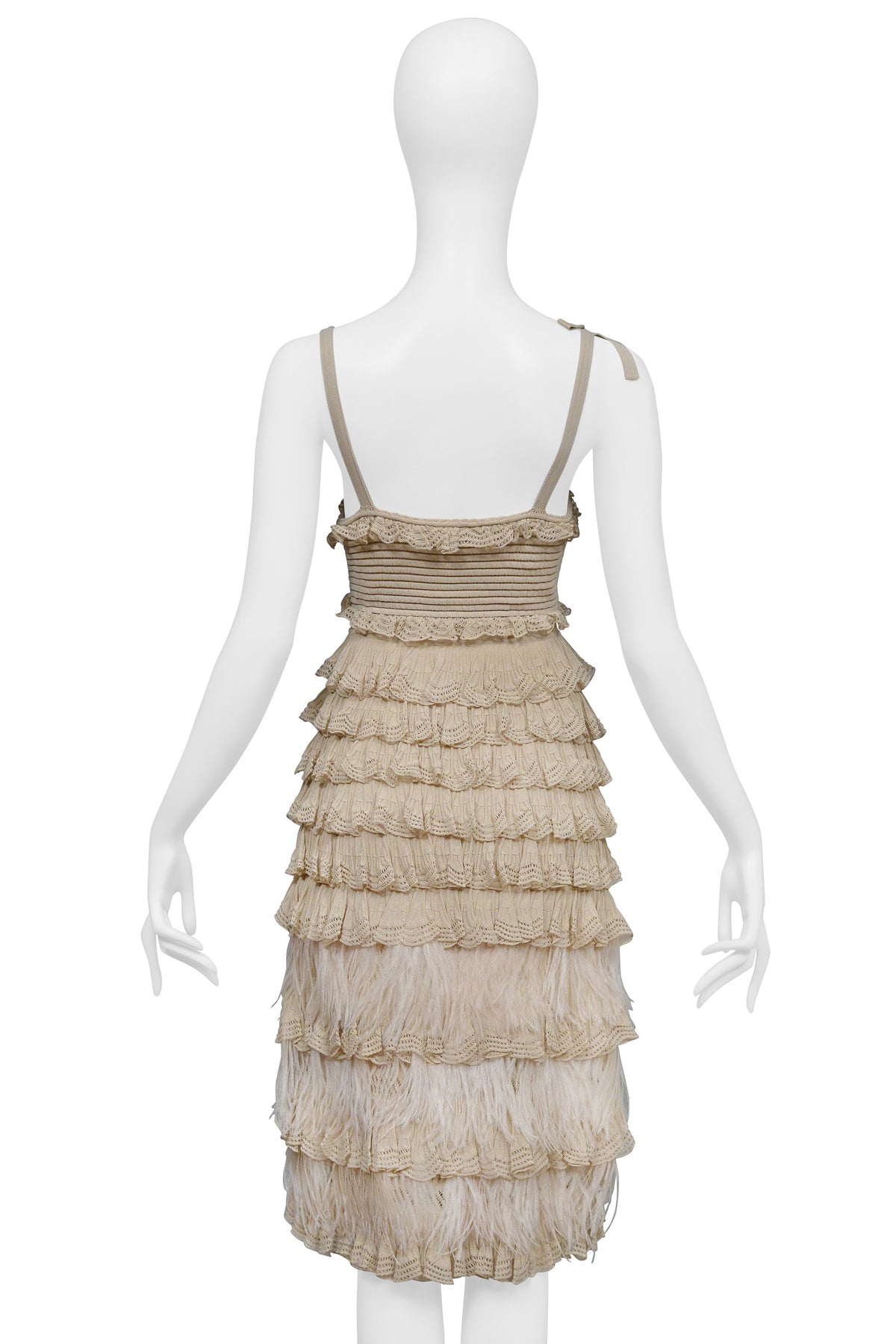 CHRISTIAN DIOR BY JOHN GALLIANO TAN DRESS WITH WHITE FEATHERS 2011