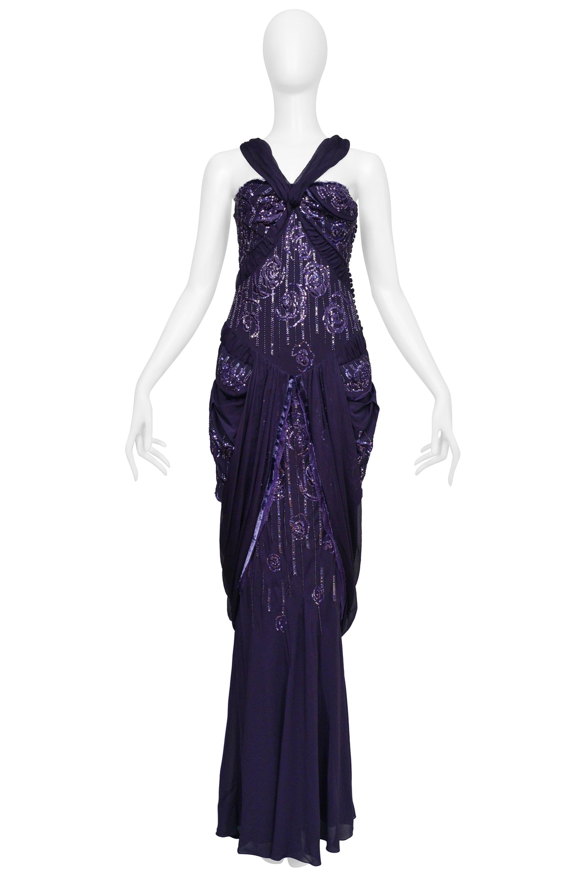 CHRISTIAN DIOR BY JOHN GALLIANO PURPLE BEADED CHIFFON GOWN 2005