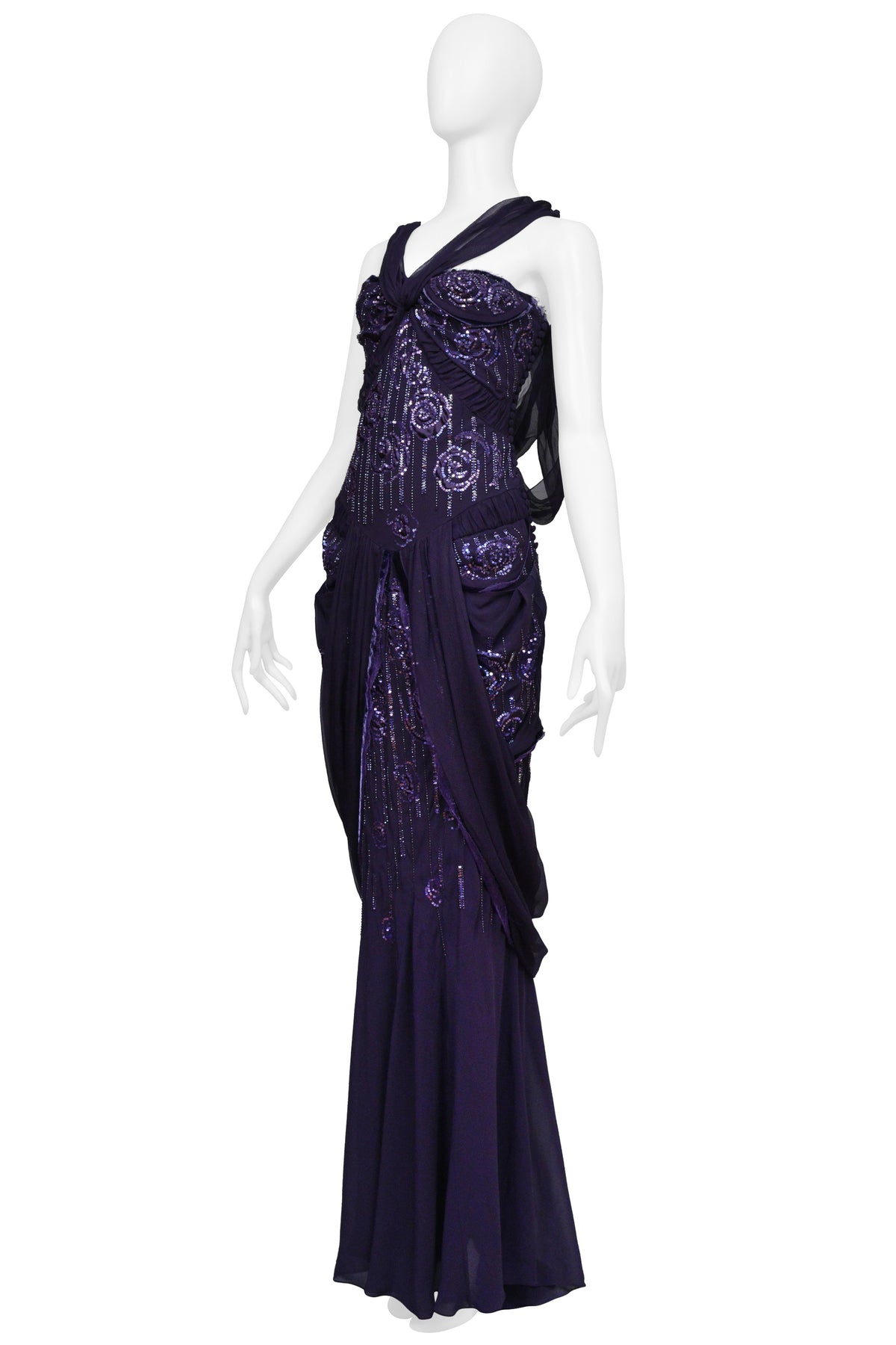 CHRISTIAN DIOR BY JOHN GALLIANO PURPLE BEADED CHIFFON GOWN 2005