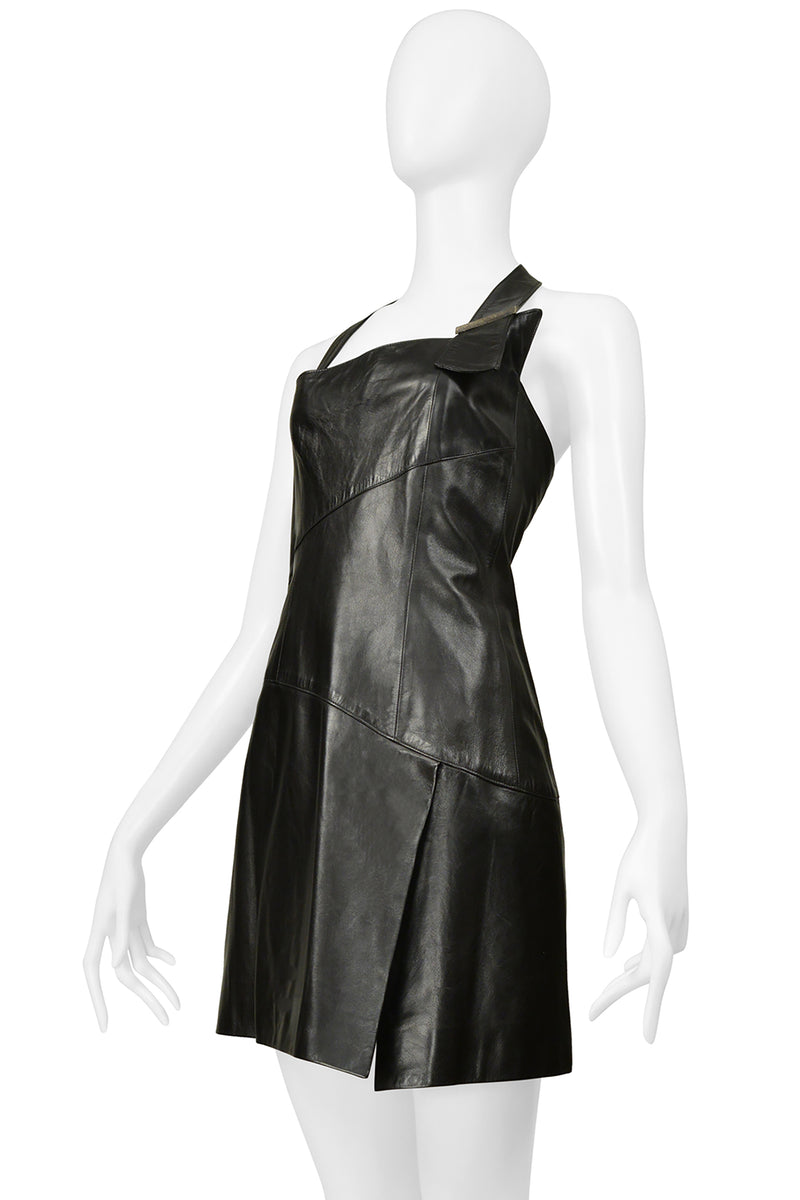 CLAUDE MONTANA BLACK LEATHER MINI DRESS 1999