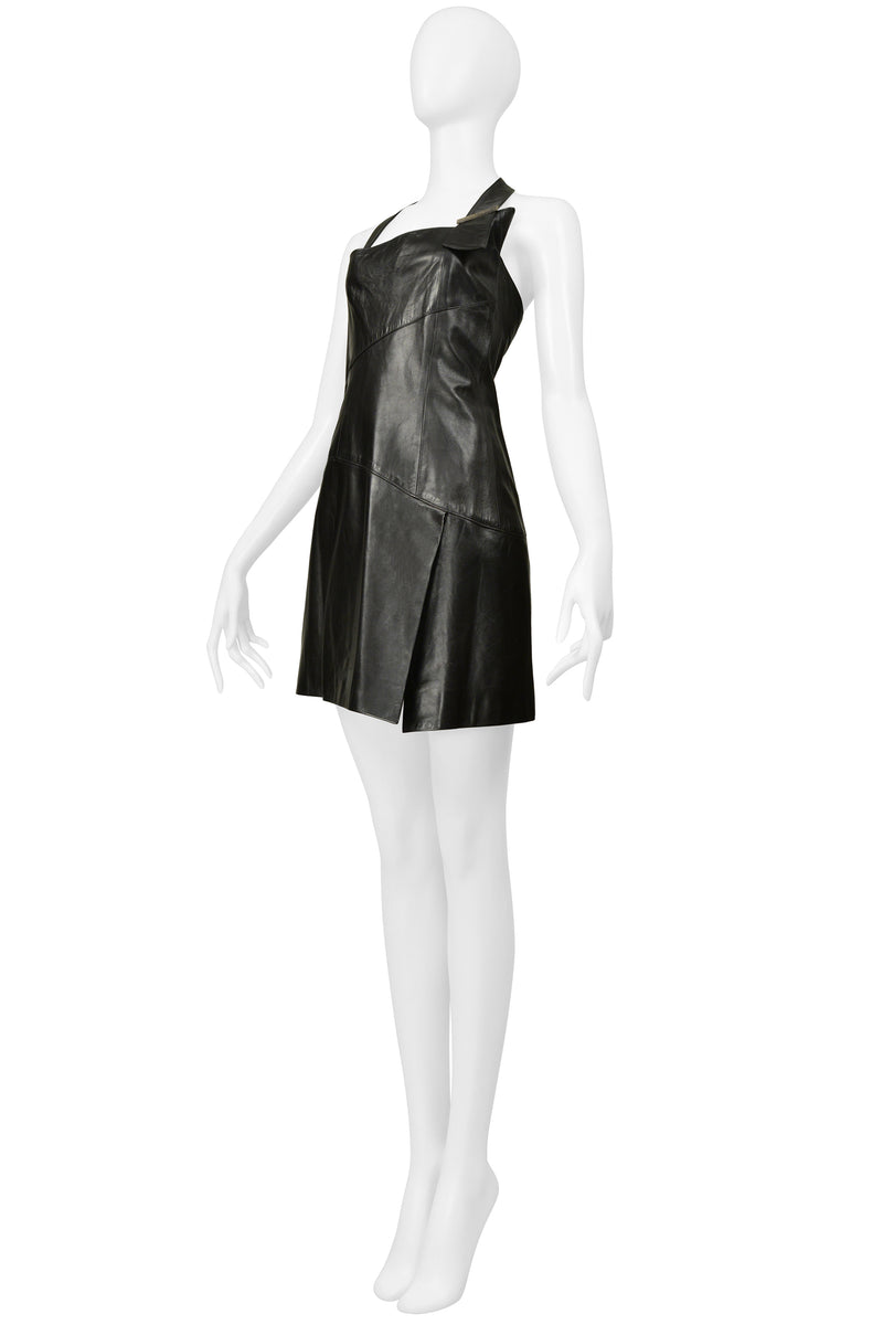 CLAUDE MONTANA BLACK LEATHER MINI DRESS 1999