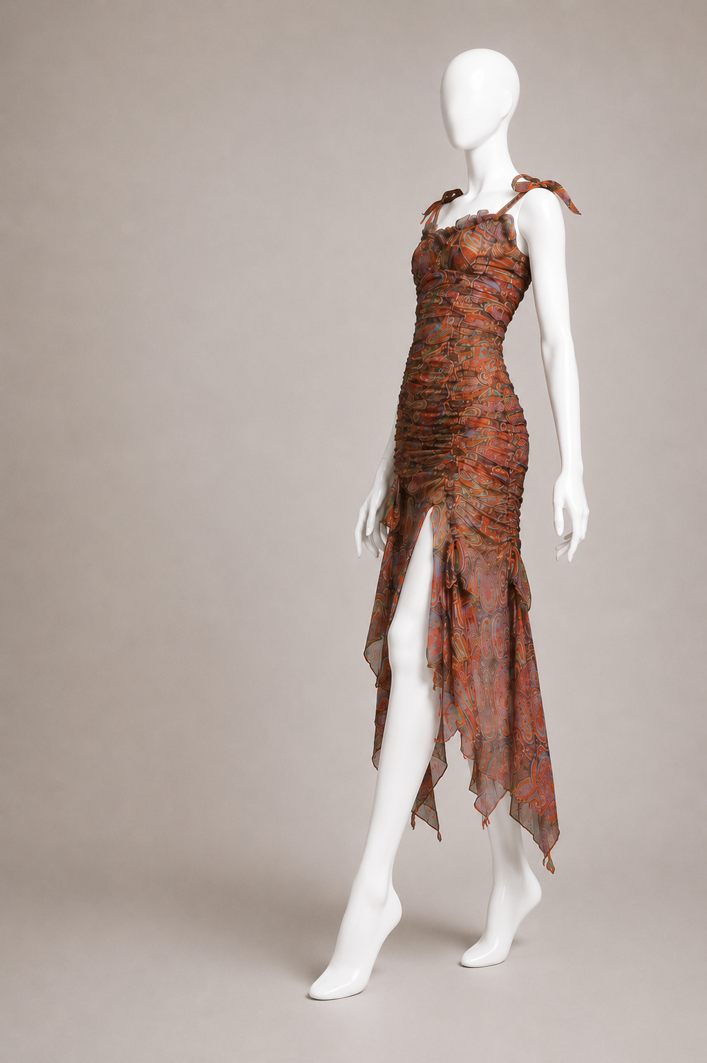 CHRISTIAN LACROIX 1994 PAISLEY SILK CHIFFON RUCHED DRESS