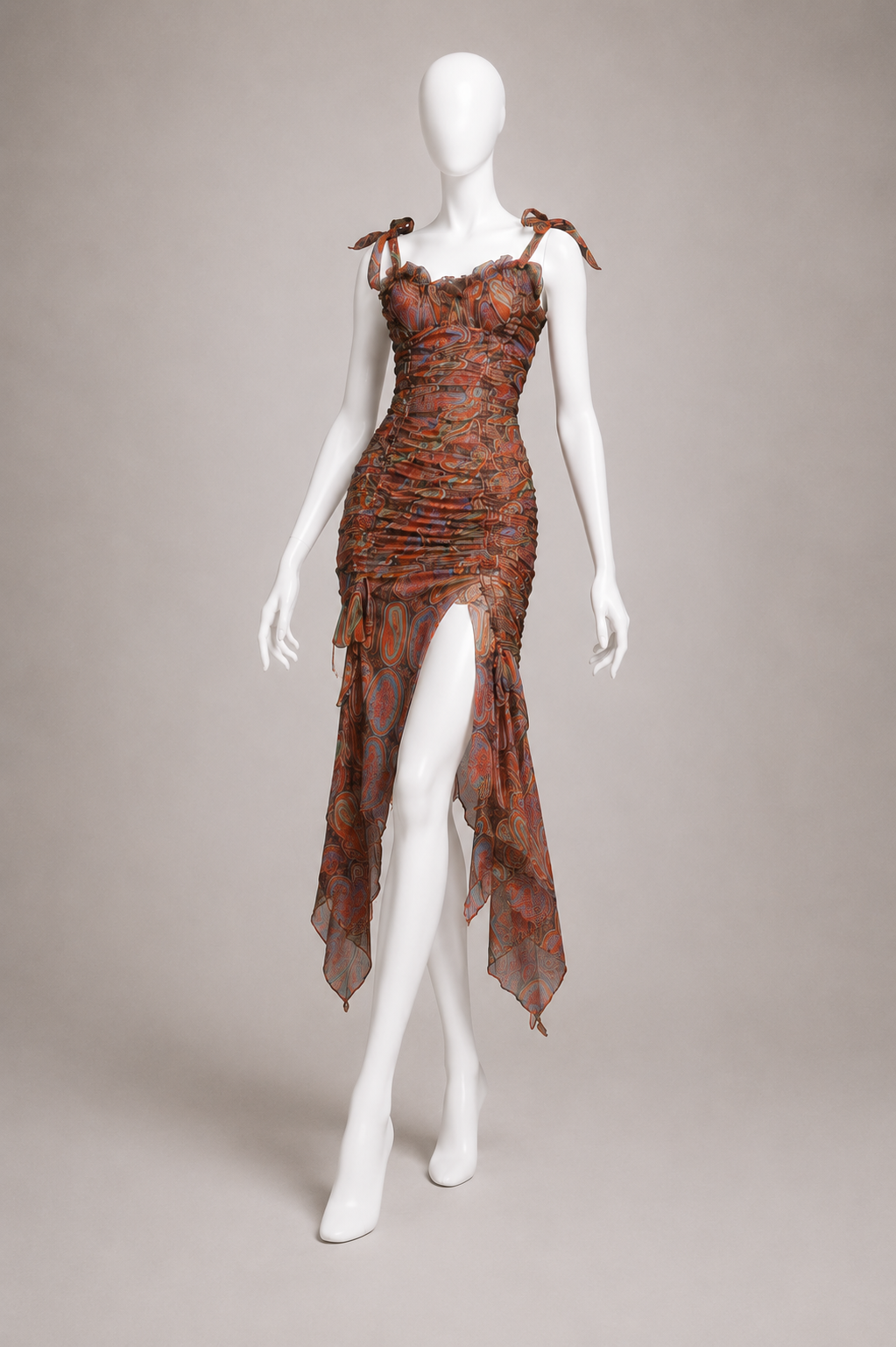 CHRISTIAN LACROIX 1994 PAISLEY SILK CHIFFON RUCHED DRESS