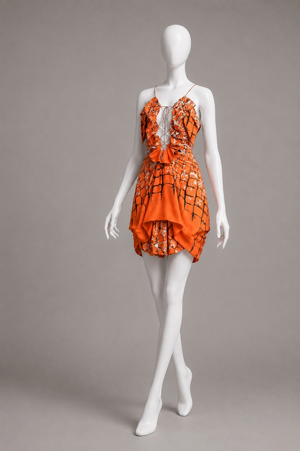 ROBERTO CAVALLI ORANGE ABSTRACT PRINTED MINI DRESS WITH SUEDE LACE UP FRONT