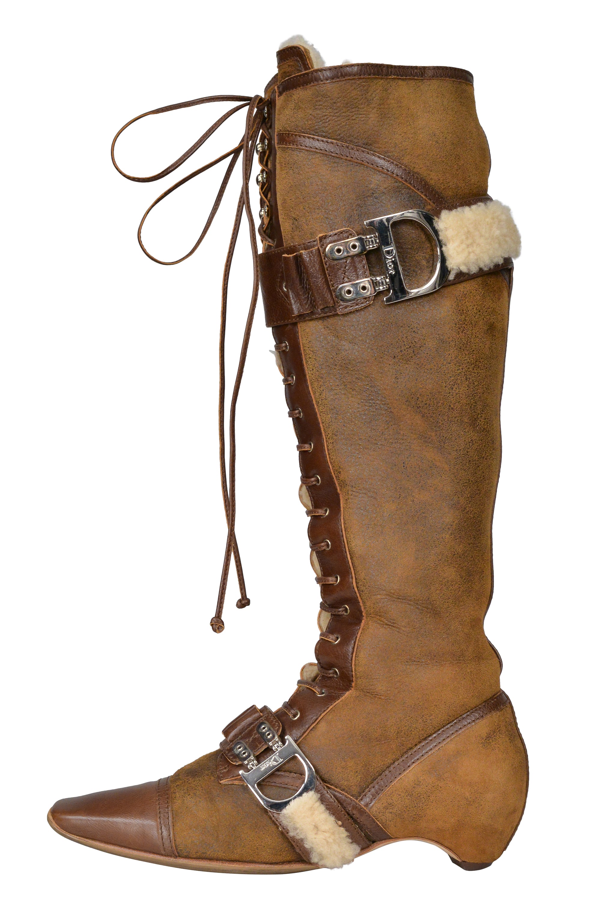 CHRISTIAN DIOR BROWN SHEARLING LACE UP BOOTS 2005