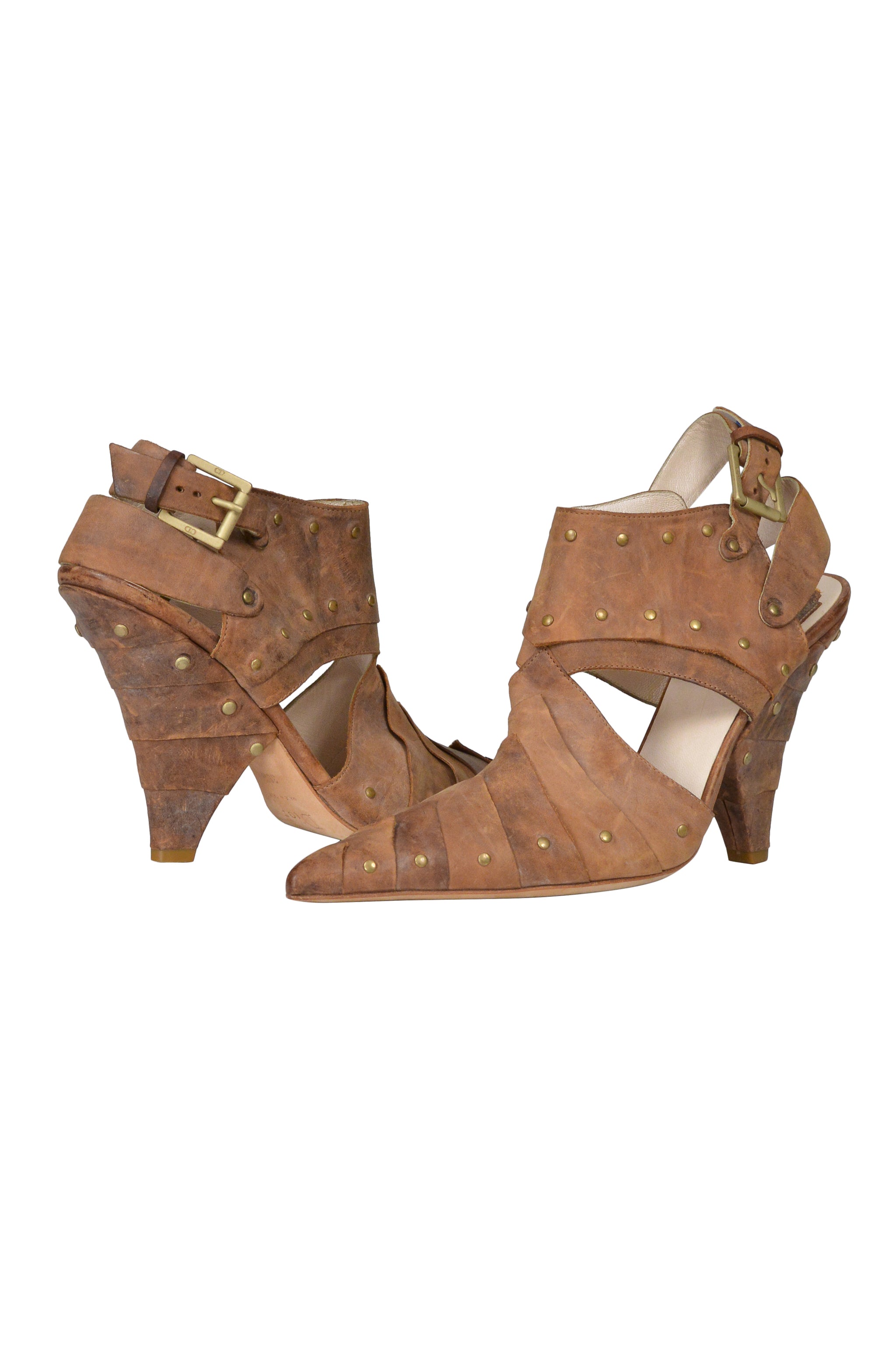 CHRISTIAN DIOR ARTICULATED BROWN LEATHER PUMP WITH STUDS 2007