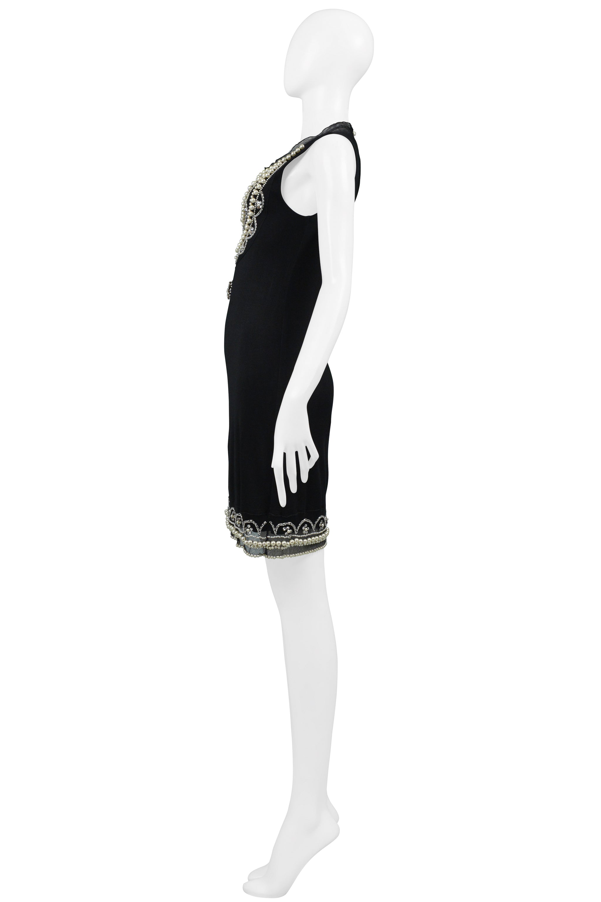 CHRISTIAN DIOR BY JOHN GALLIANO BLACK SILK DRESS WITH PEARLS & CRYSTAL EMBELLISHMENTS