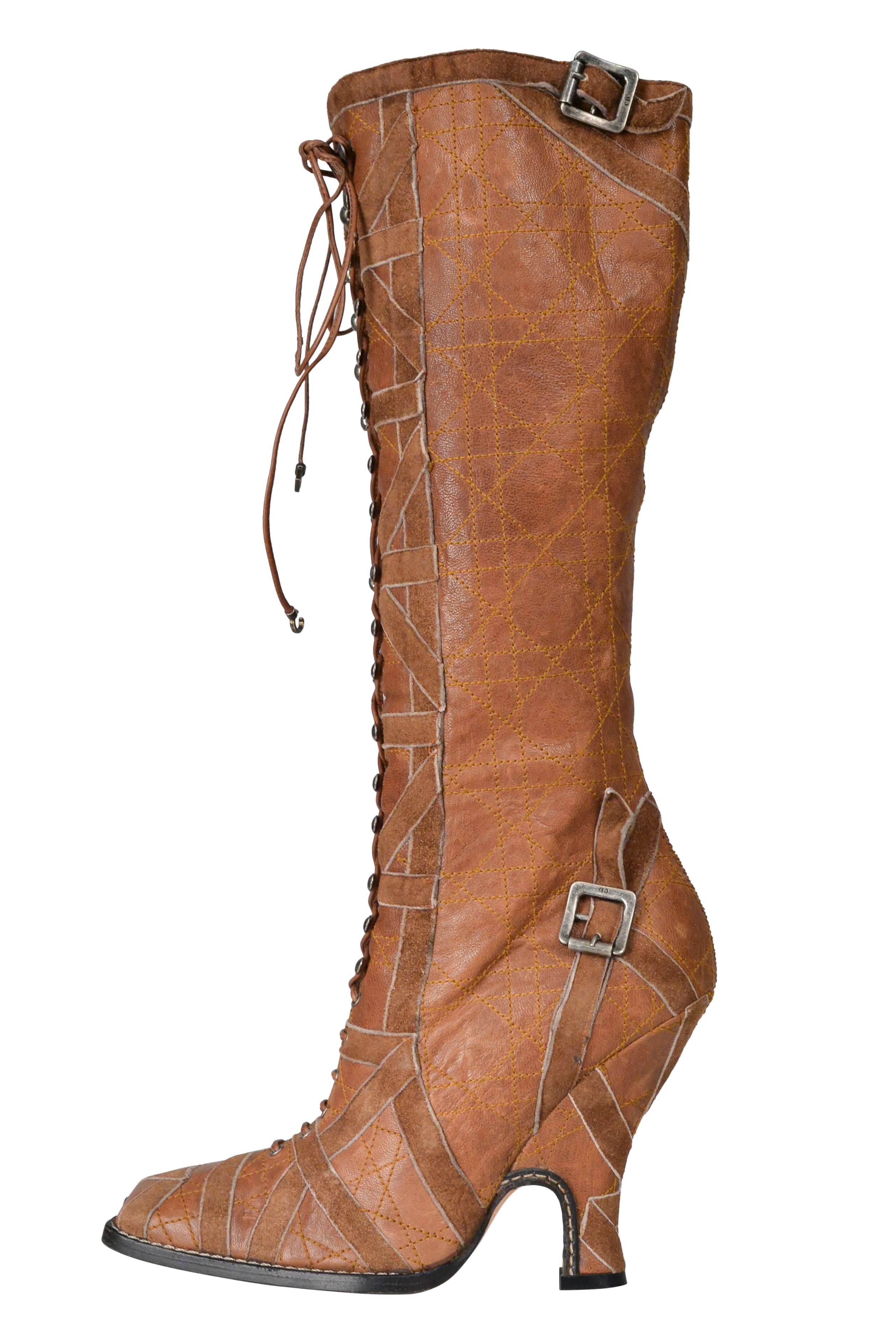 CHRISTIAN DIOR BY JOHN GALLIANO BROWN LEATHER PATCHWORK BOOTS