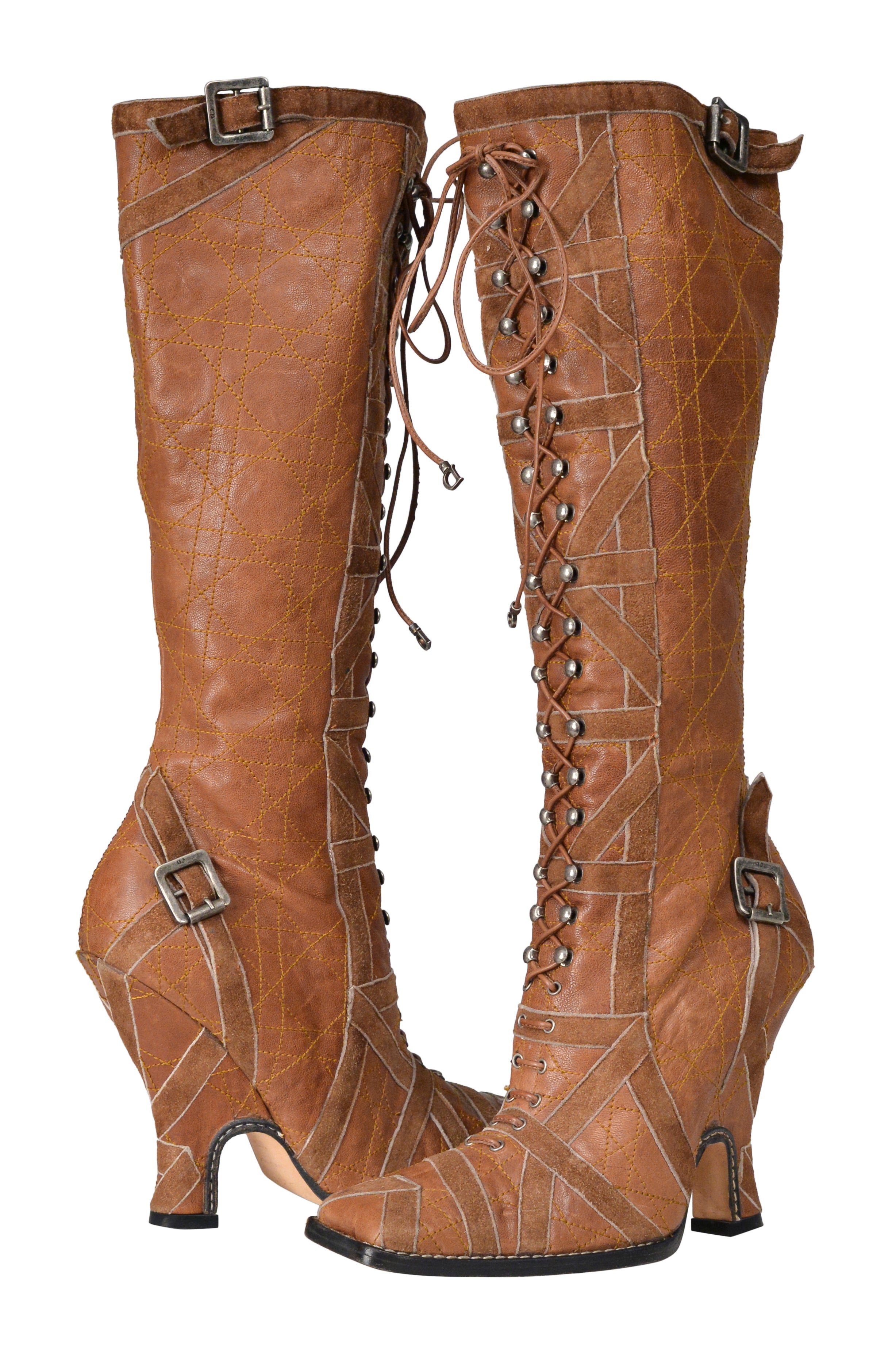CHRISTIAN DIOR BY JOHN GALLIANO BROWN LEATHER PATCHWORK BOOTS