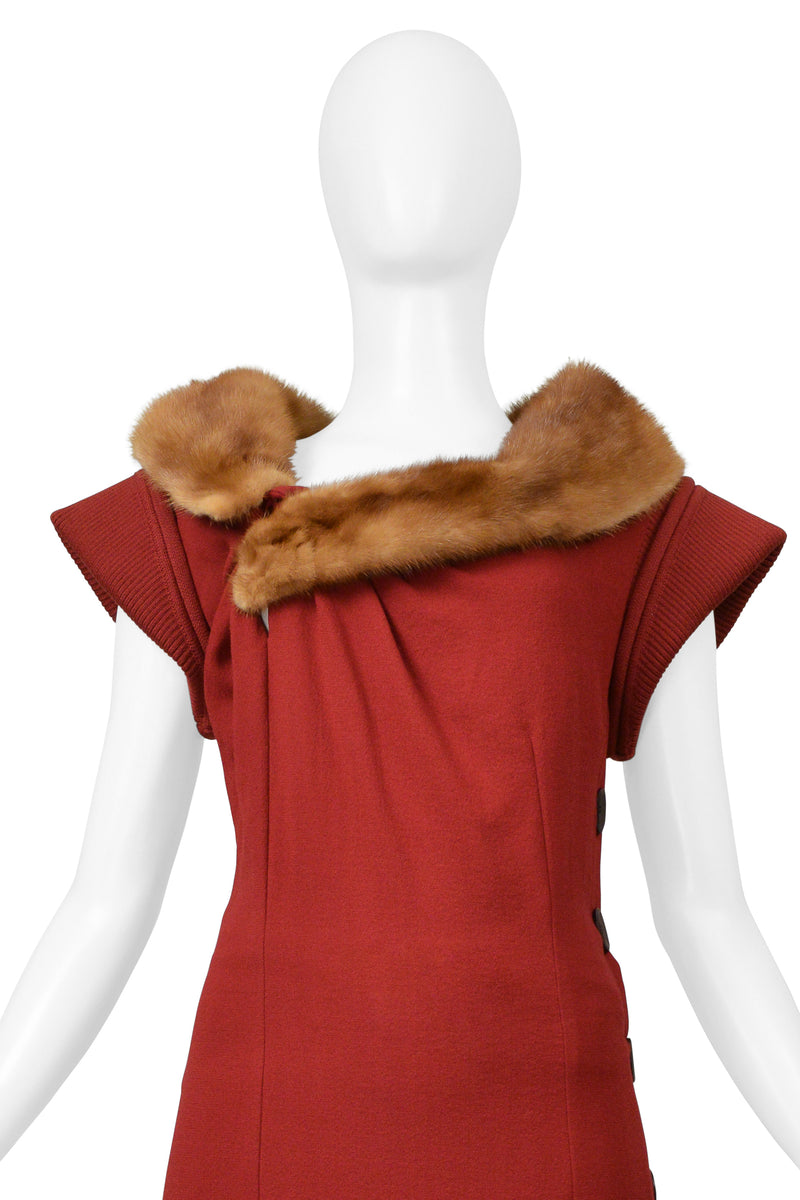 CHRISTIAN DIOR BY JOHN GALLIANO RED KNIT DRESS WITH MINK FUR COLLAR & BUTTONS 1999