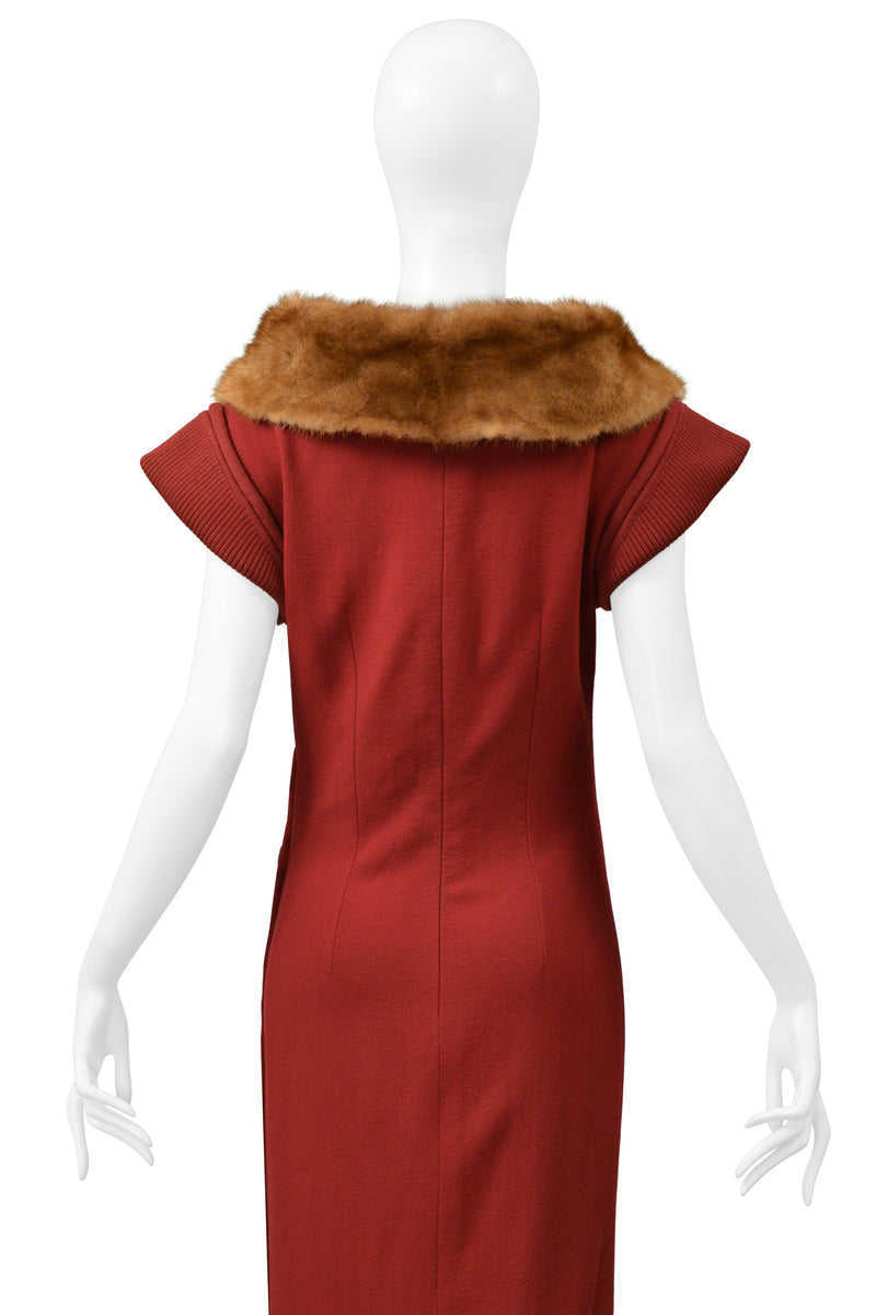 CHRISTIAN DIOR BY JOHN GALLIANO RED KNIT DRESS WITH MINK FUR COLLAR & BUTTONS 1999