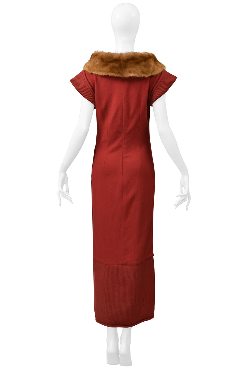 CHRISTIAN DIOR BY JOHN GALLIANO RED KNIT DRESS WITH MINK FUR COLLAR & BUTTONS 1999