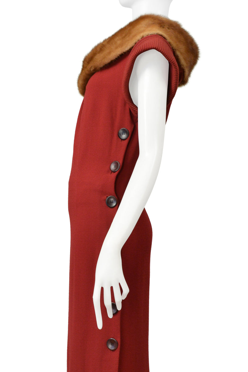 CHRISTIAN DIOR BY JOHN GALLIANO RED KNIT DRESS WITH MINK FUR COLLAR & BUTTONS 1999