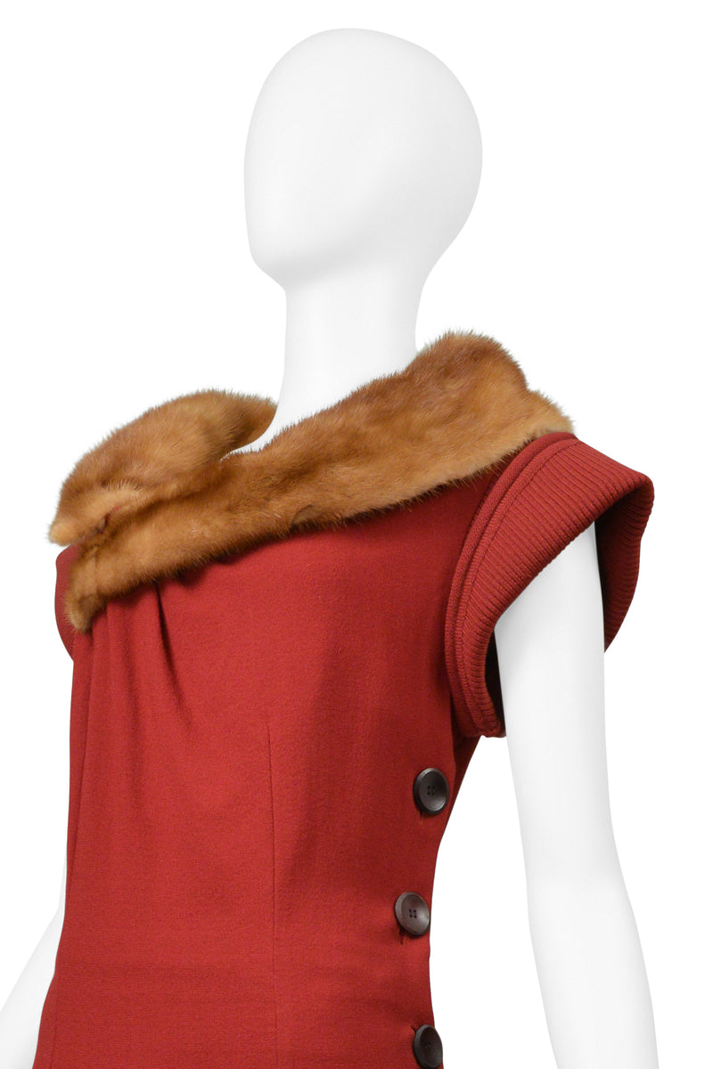 CHRISTIAN DIOR BY JOHN GALLIANO RED KNIT DRESS WITH MINK FUR COLLAR & BUTTONS 1999