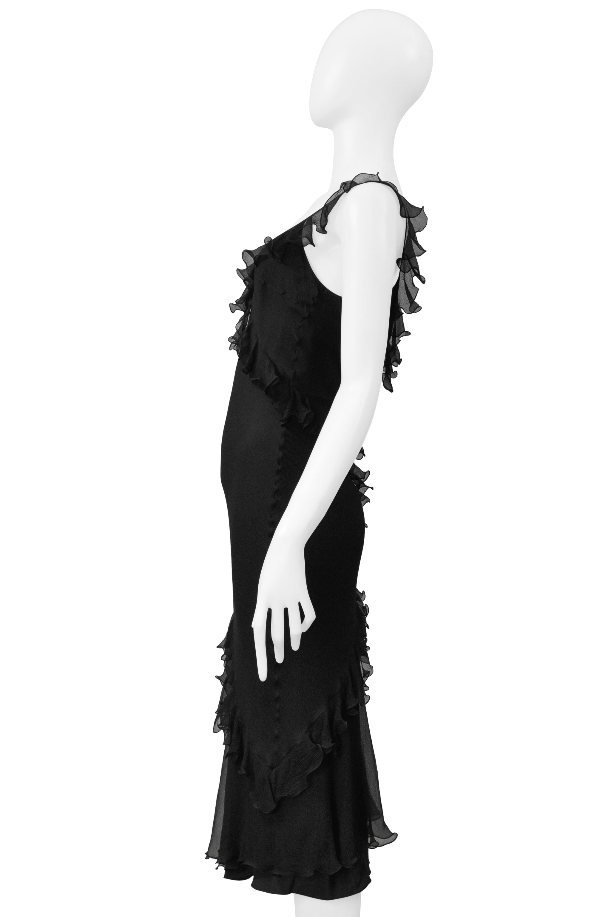 DIOR BY JOHN GALLIANO BLACK CHIFFON SLIP DRESS WITH RUFFLES