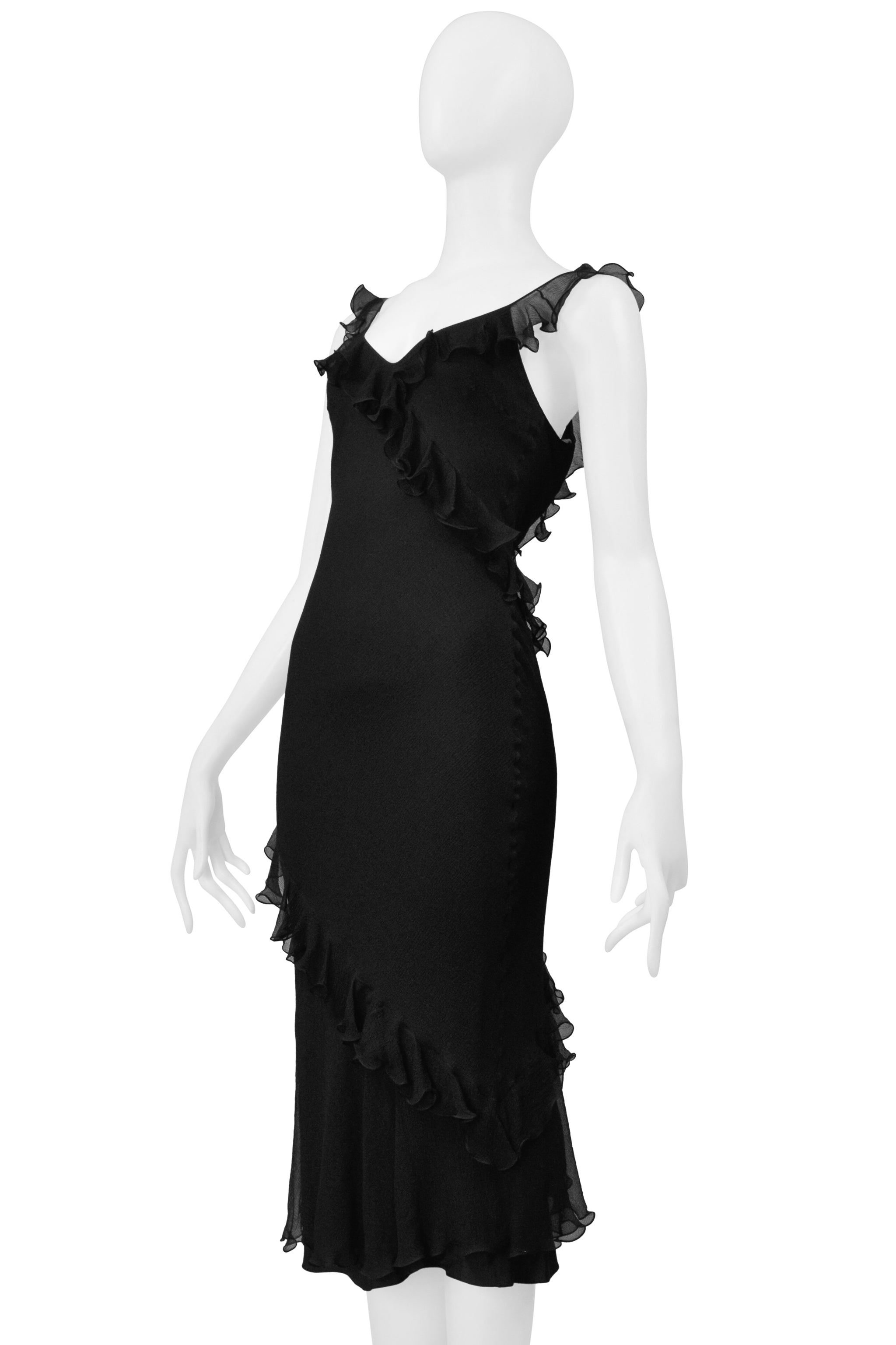 DIOR BY JOHN GALLIANO BLACK CHIFFON SLIP DRESS WITH RUFFLES