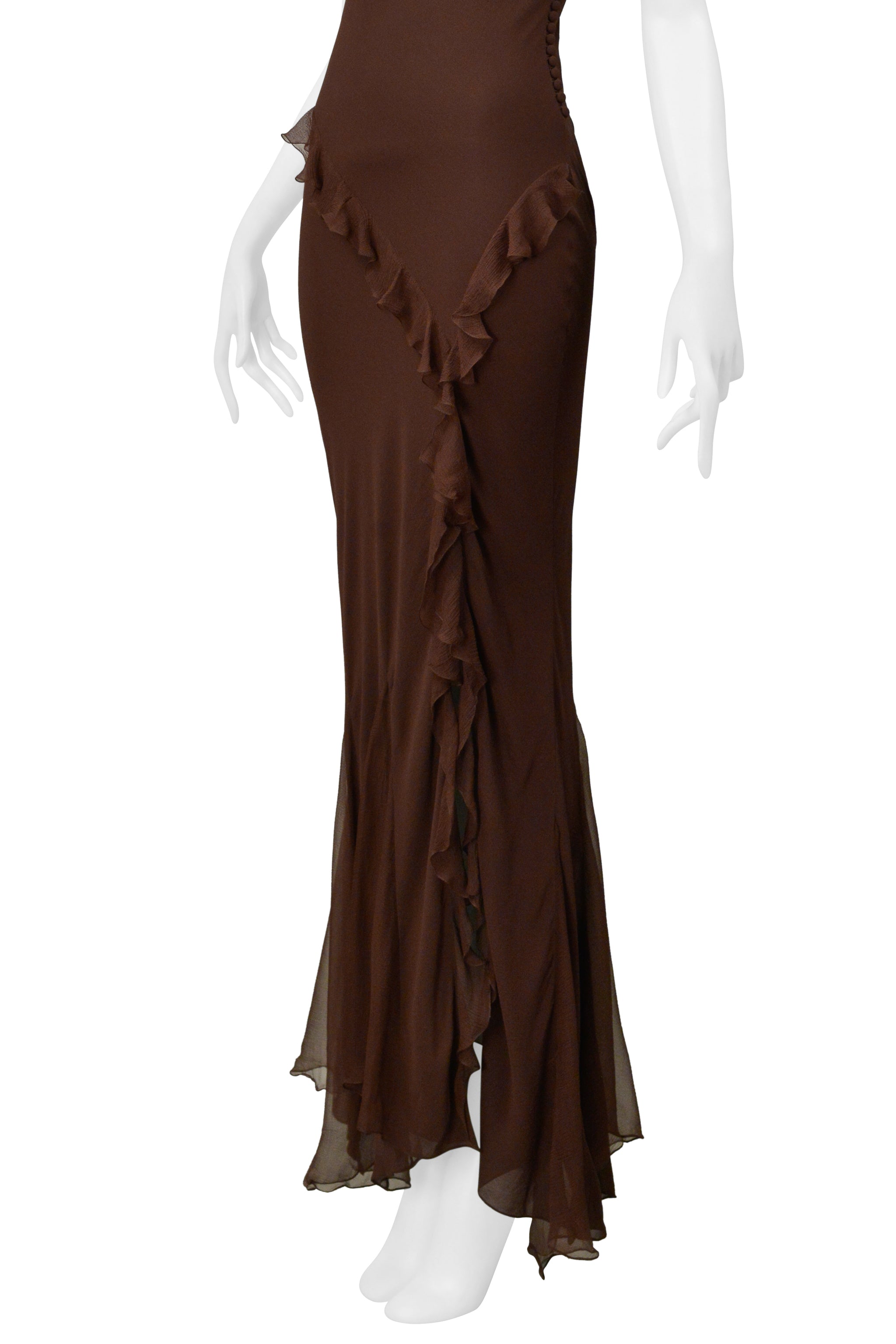 CHRISTIAN DIOR BY GALLIANO BROWN CHIFFON EVENING GOWN WITH RUFFLES