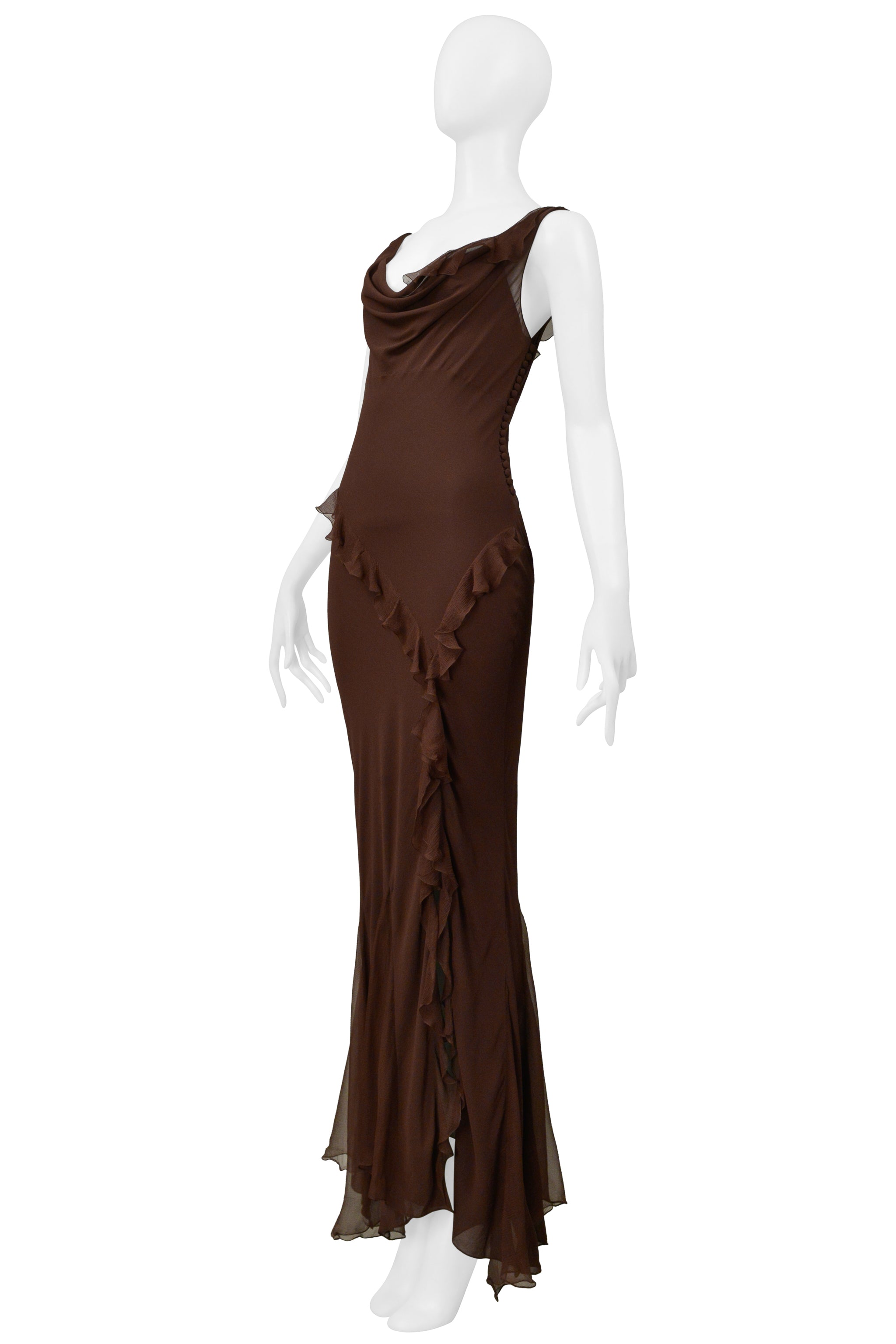 CHRISTIAN DIOR BY GALLIANO BROWN CHIFFON EVENING GOWN WITH RUFFLES