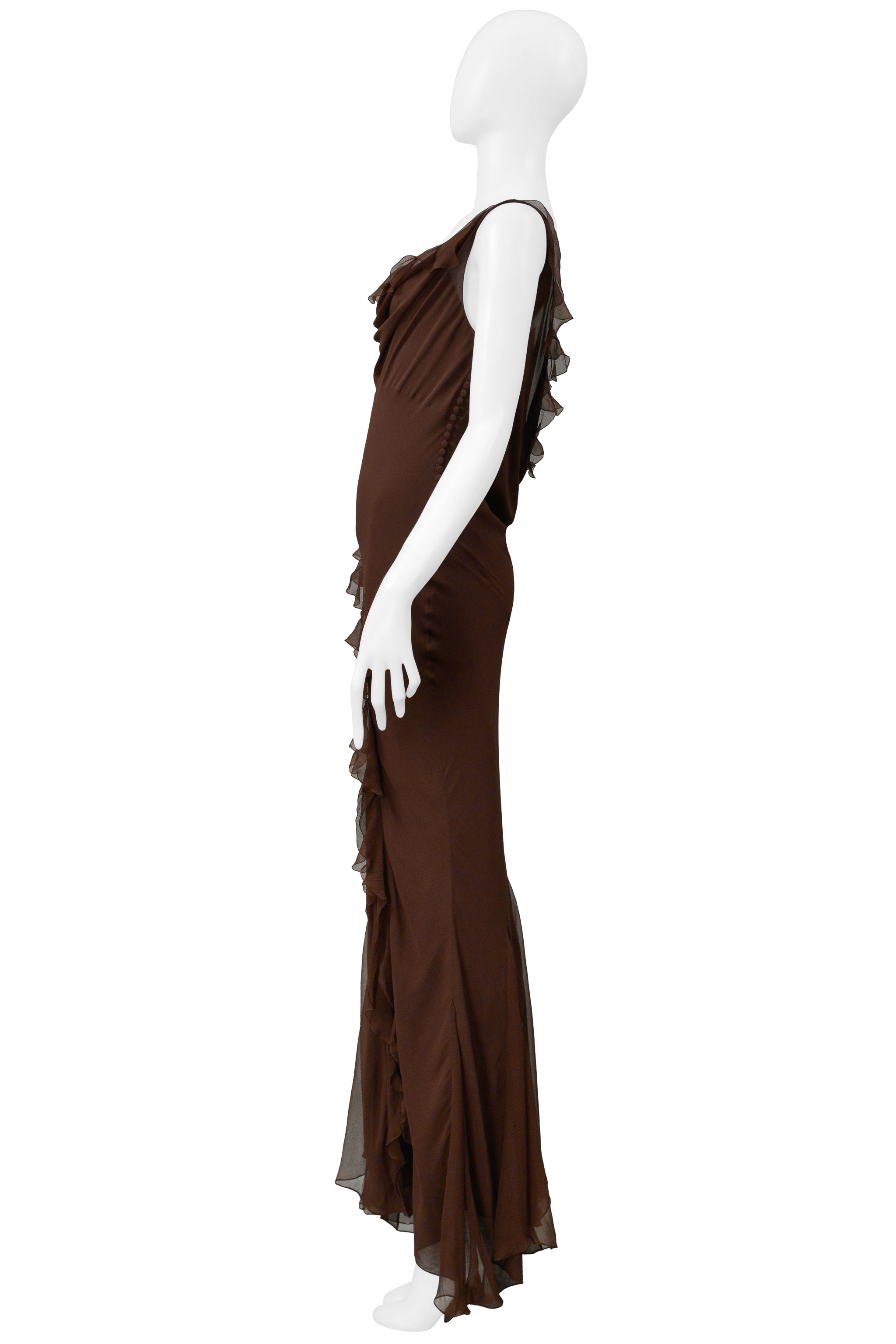 CHRISTIAN DIOR BY GALLIANO BROWN CHIFFON EVENING GOWN WITH RUFFLES