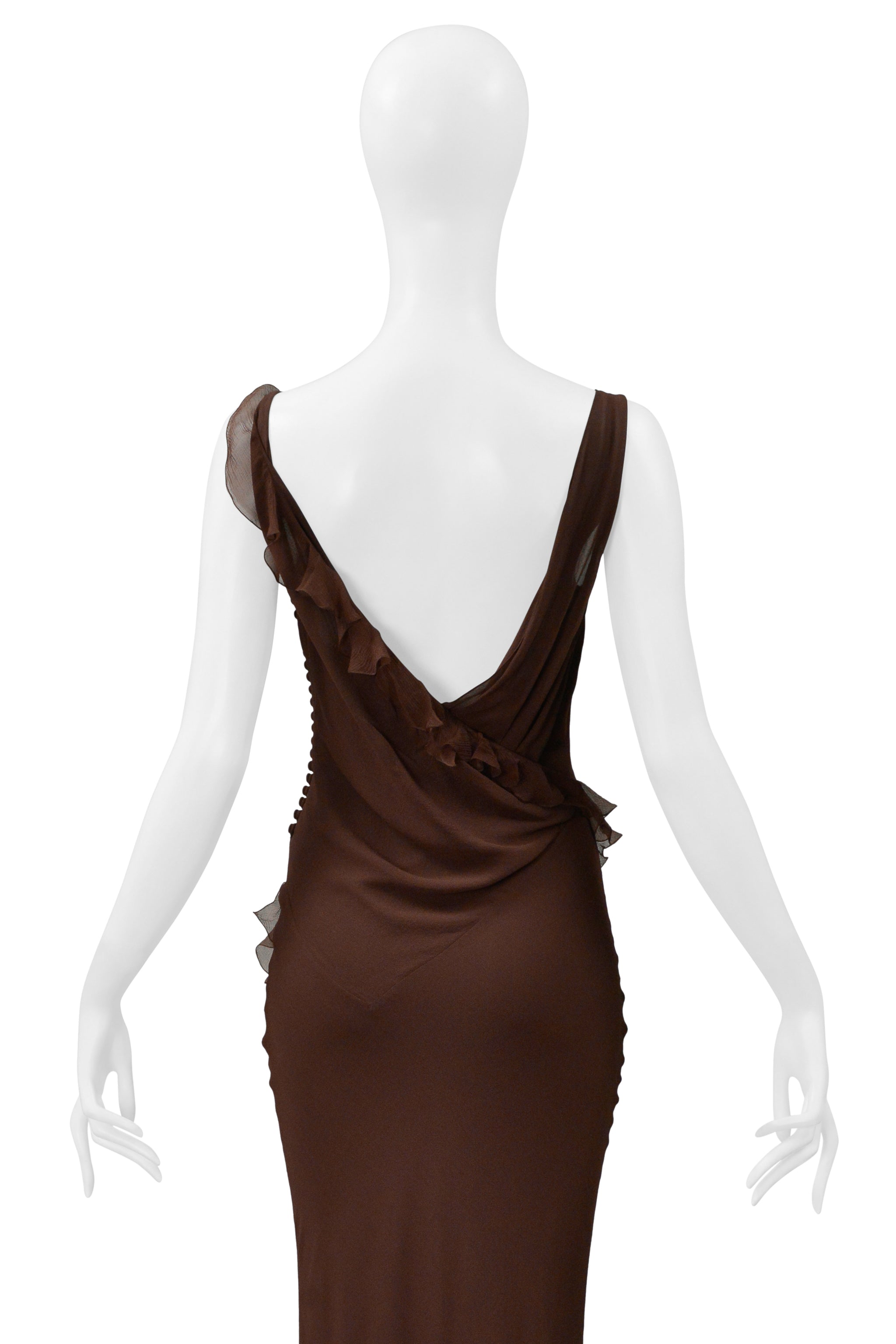 CHRISTIAN DIOR BY GALLIANO BROWN CHIFFON EVENING GOWN WITH RUFFLES