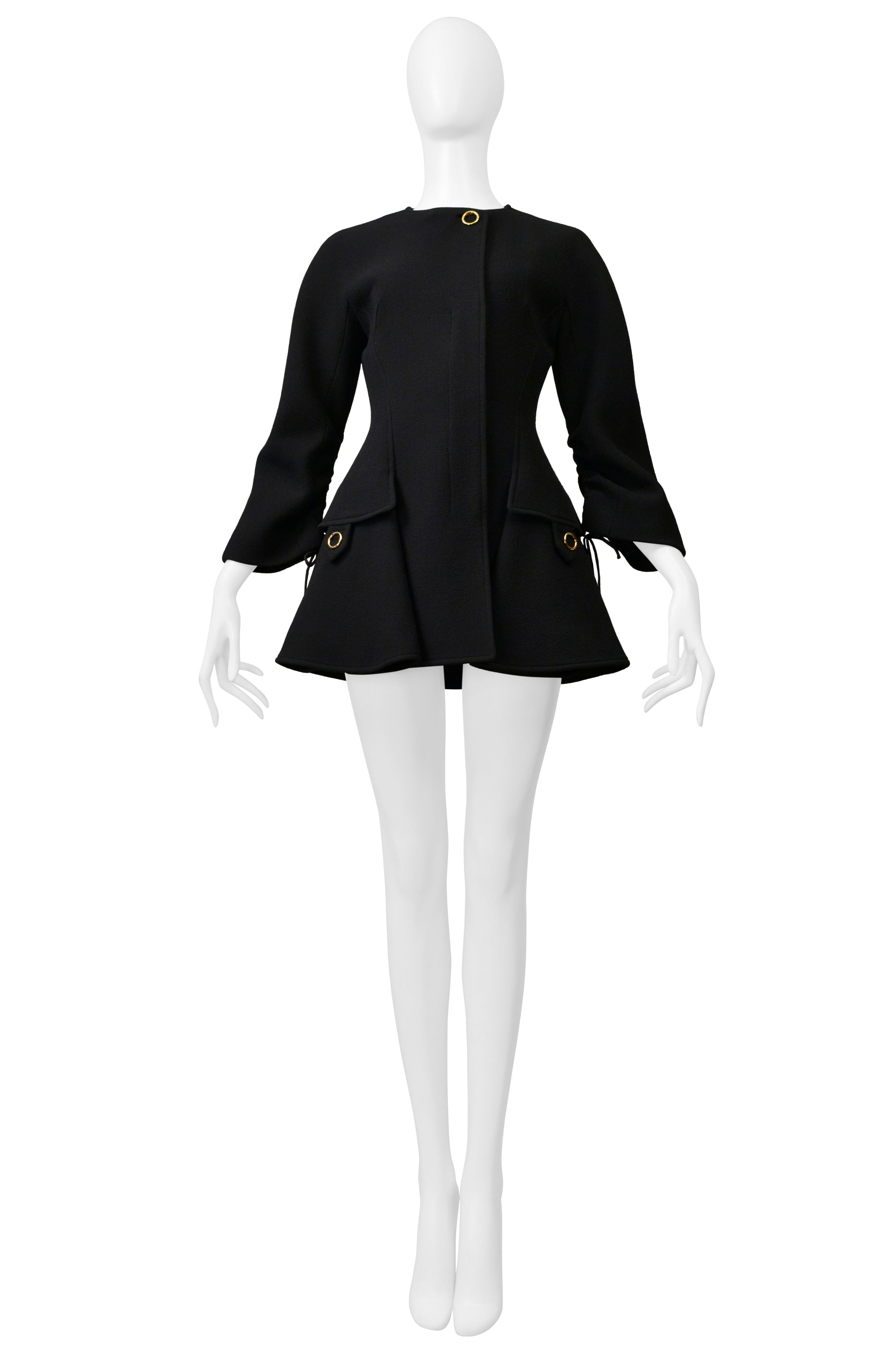 DIOR BY RAF SIMONS BLACK MODERNIST DRAWSTRING COAT WITH GOLD HARDWARE