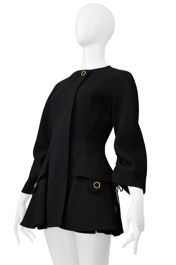 DIOR BY RAF SIMONS BLACK MODERNIST DRAWSTRING COAT WITH GOLD HARDWARE