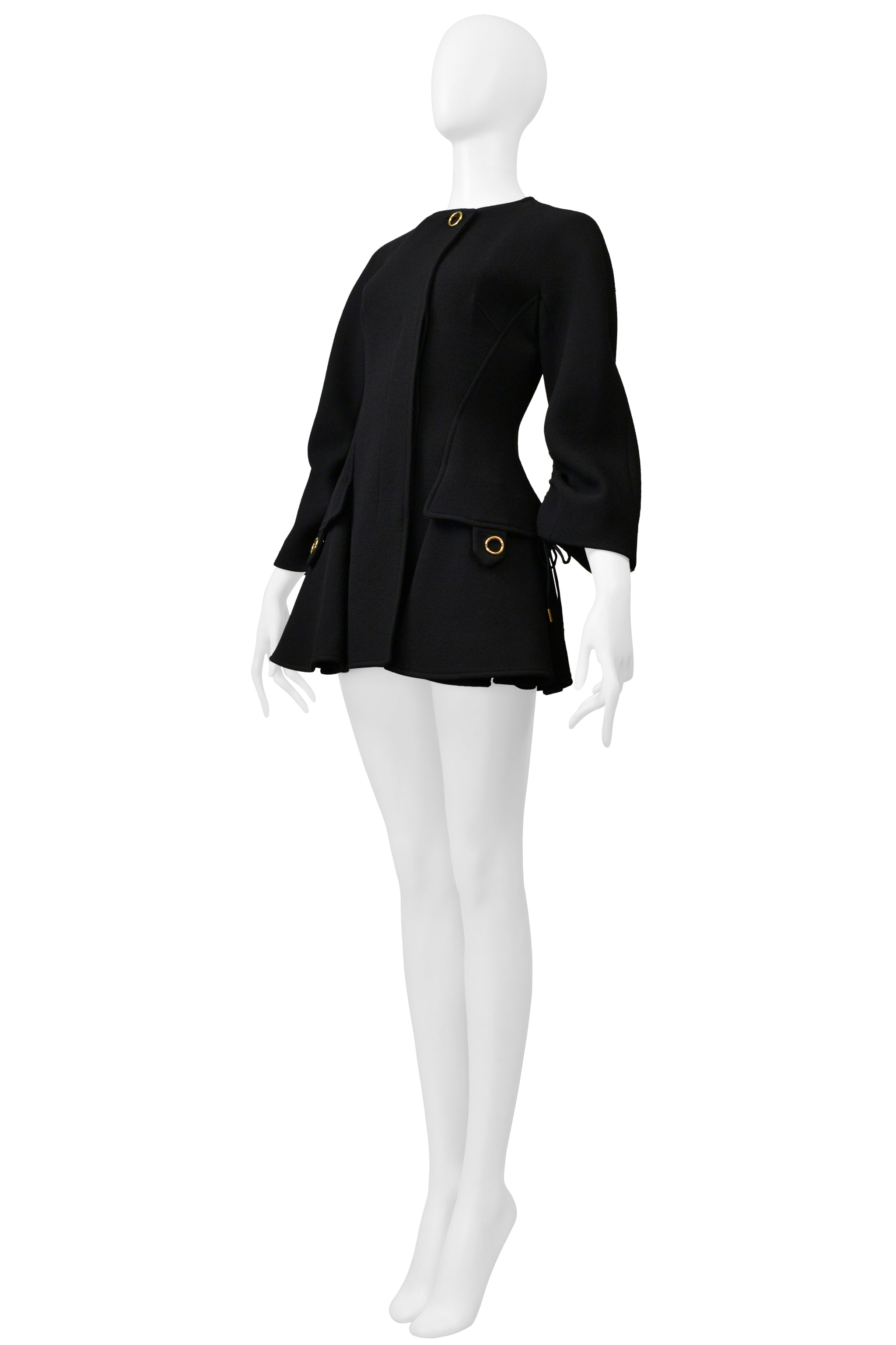 DIOR BY RAF SIMONS BLACK MODERNIST DRAWSTRING COAT WITH GOLD HARDWARE