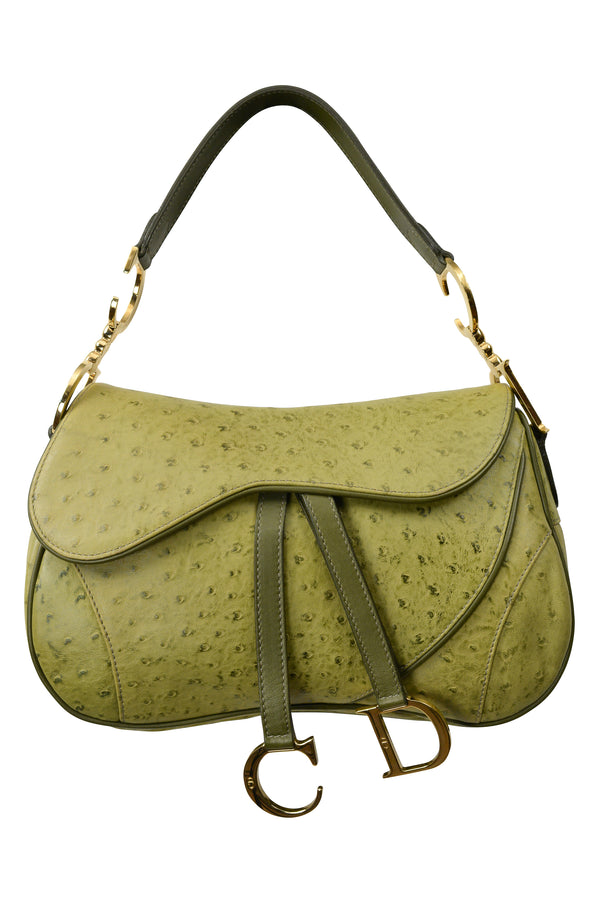 CHRISTIAN DIOR BY JOHN GALLIANO CHARTREUSE GREEN LEATHER SADDLE BAG WITH OSTRICH PRINT