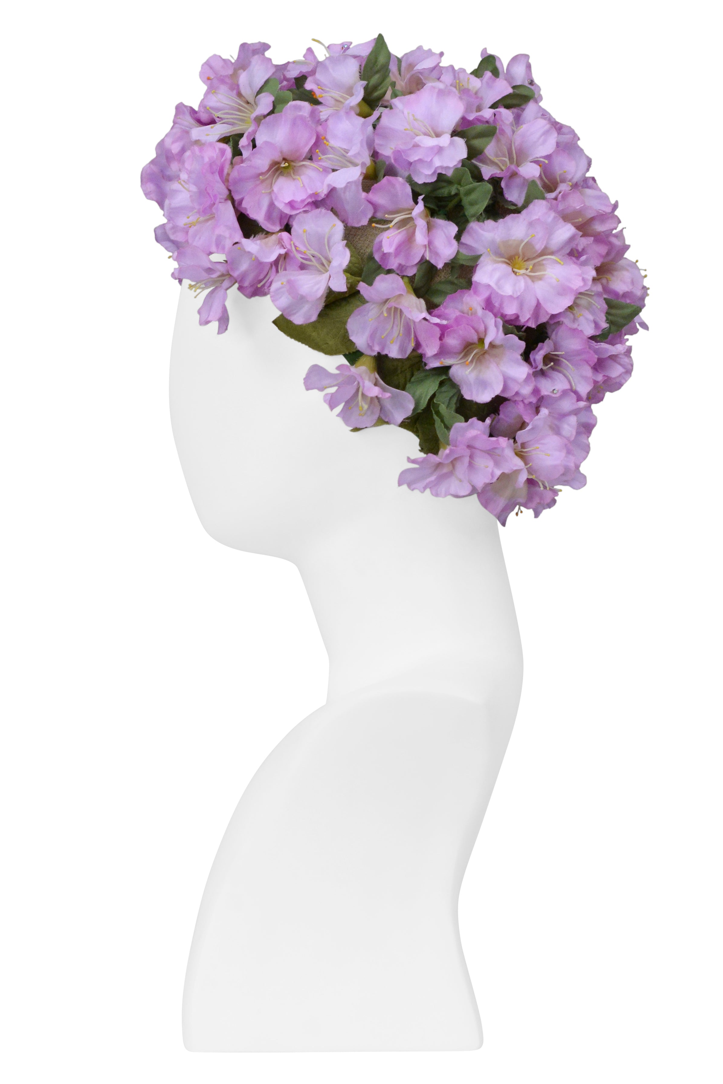 CHRISTIAN DIOR I. MAGNIN PURPLE FLORAL BEEHIVE TURBAN HAT