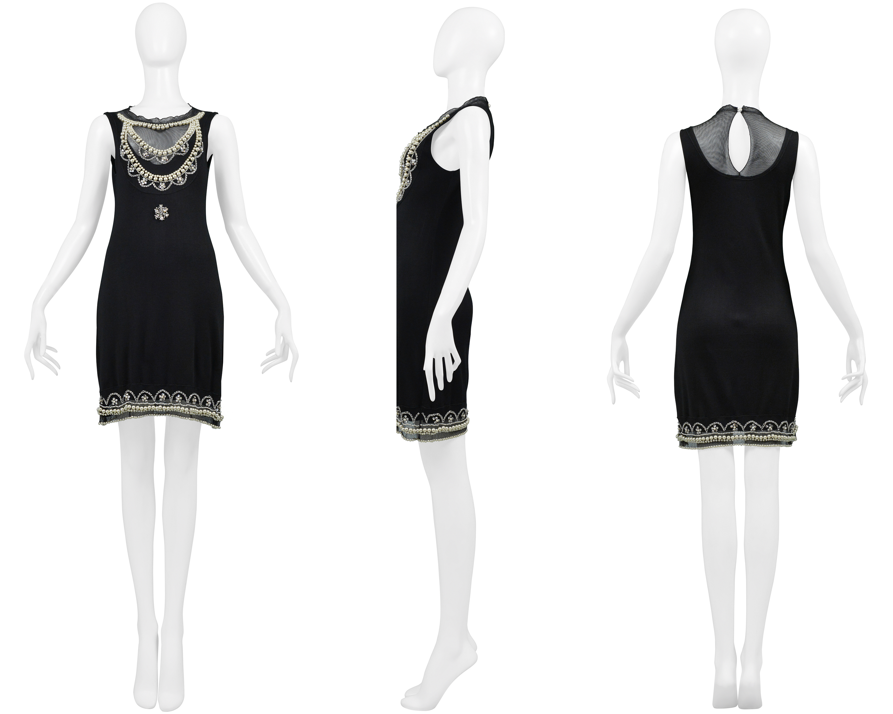 CHRISTIAN DIOR BY JOHN GALLIANO BLACK SILK DRESS WITH PEARLS & CRYSTAL EMBELLISHMENTS